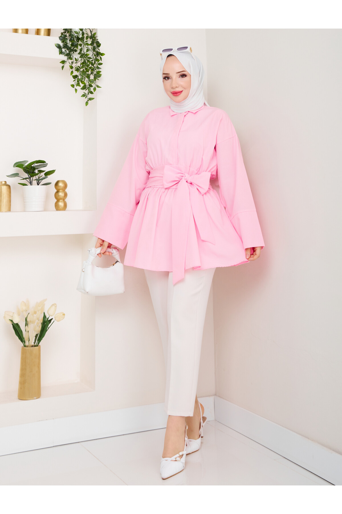 BELDEN OTURTMALI BAĞLAMALI GÖMLEK-PEMBE