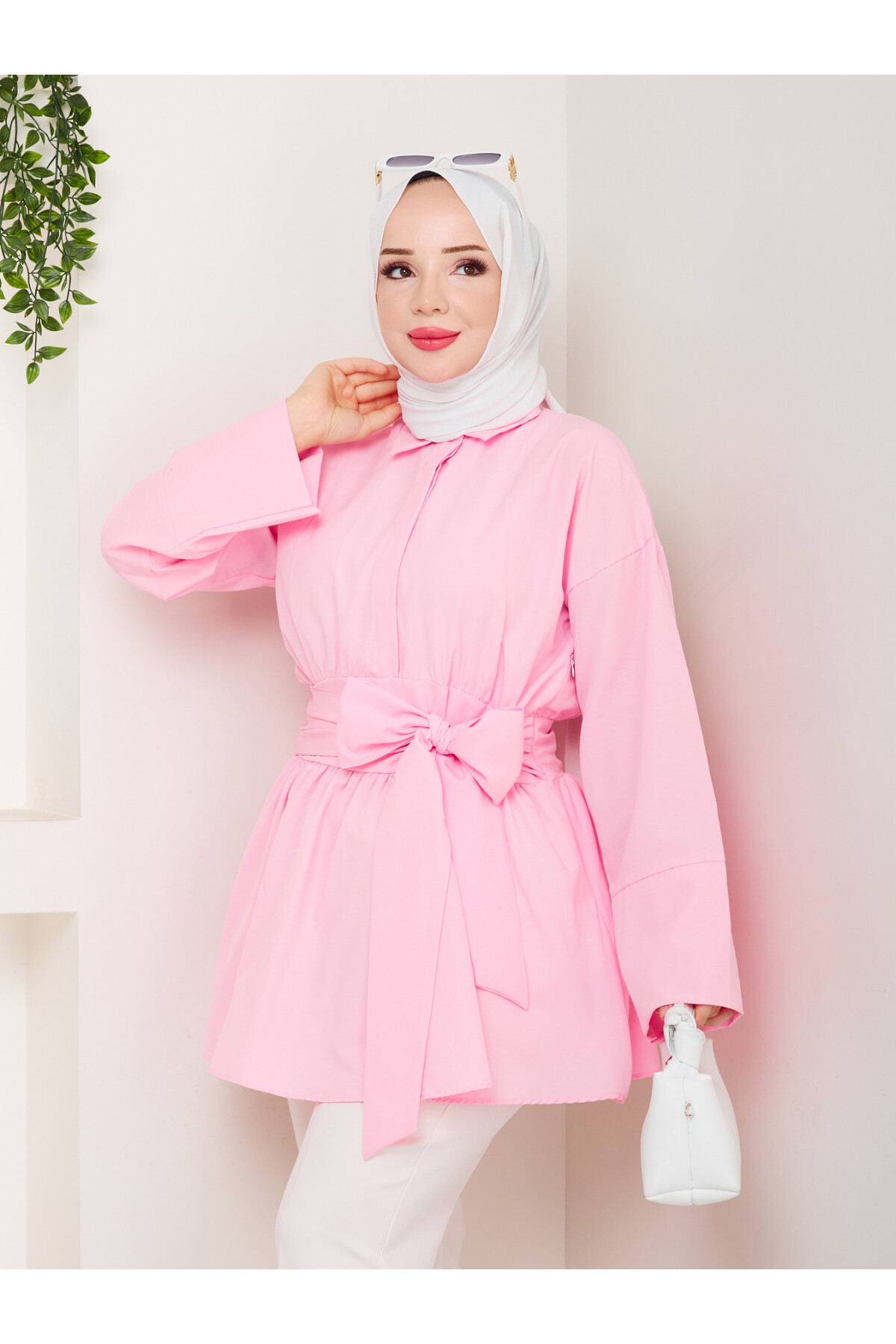 BELDEN OTURTMALI BAĞLAMALI GÖMLEK-PEMBE