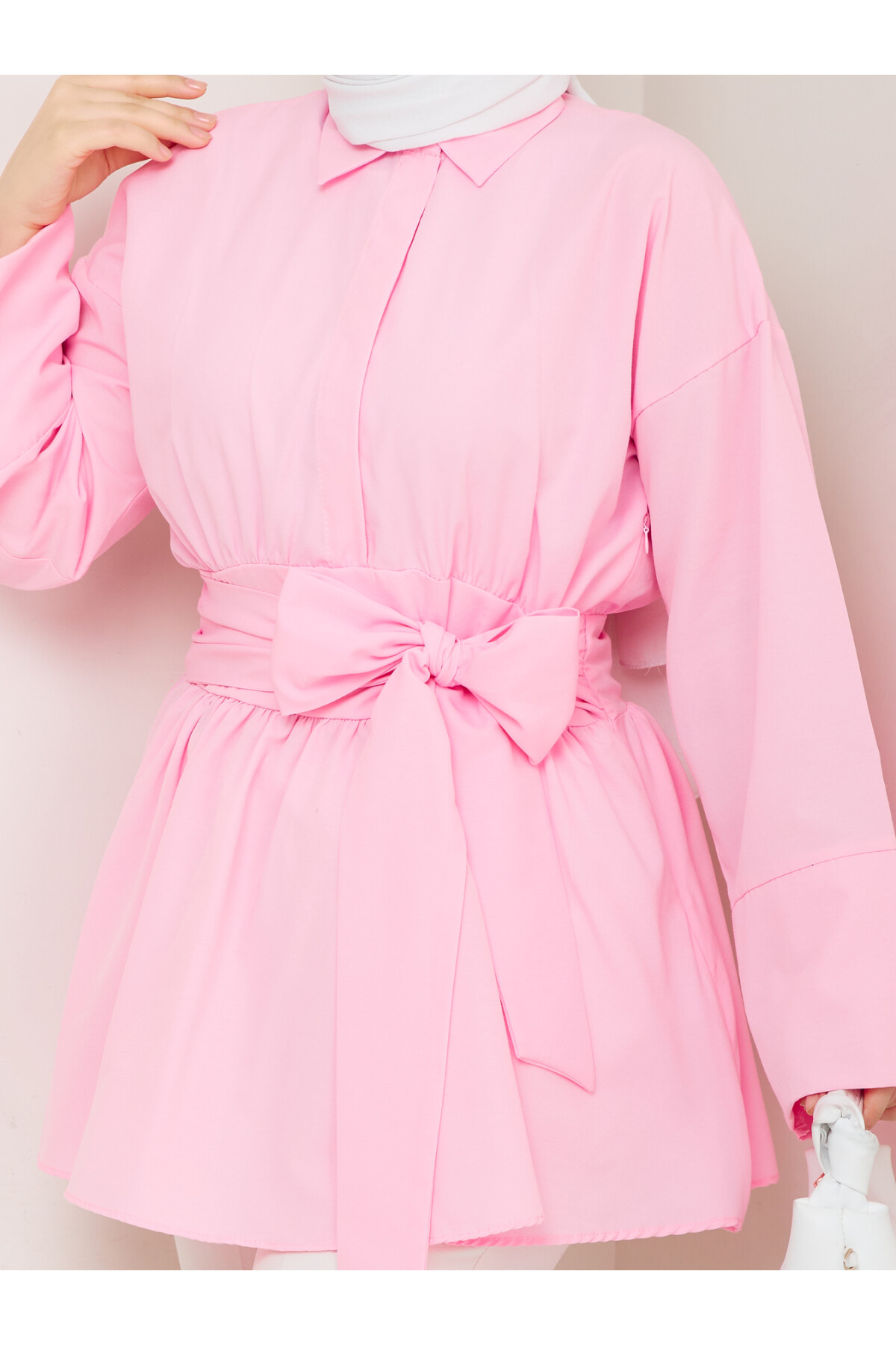 BELDEN OTURTMALI BAĞLAMALI GÖMLEK-PEMBE