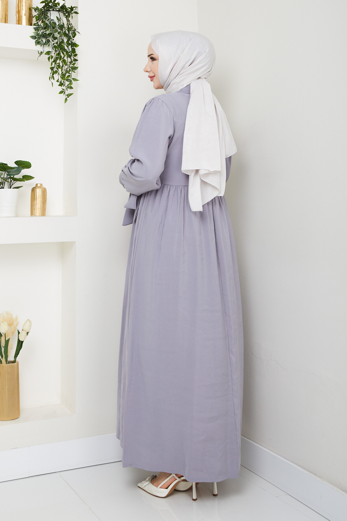 BOLEROLU ELMAS DÜĞMELİ ELBİSE-GRİ