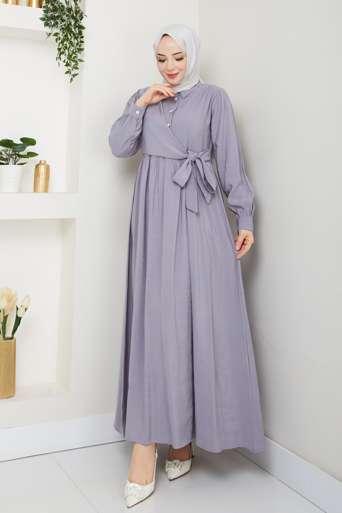 BOLEROLU ELMAS DÜĞMELİ ELBİSE-GRİ