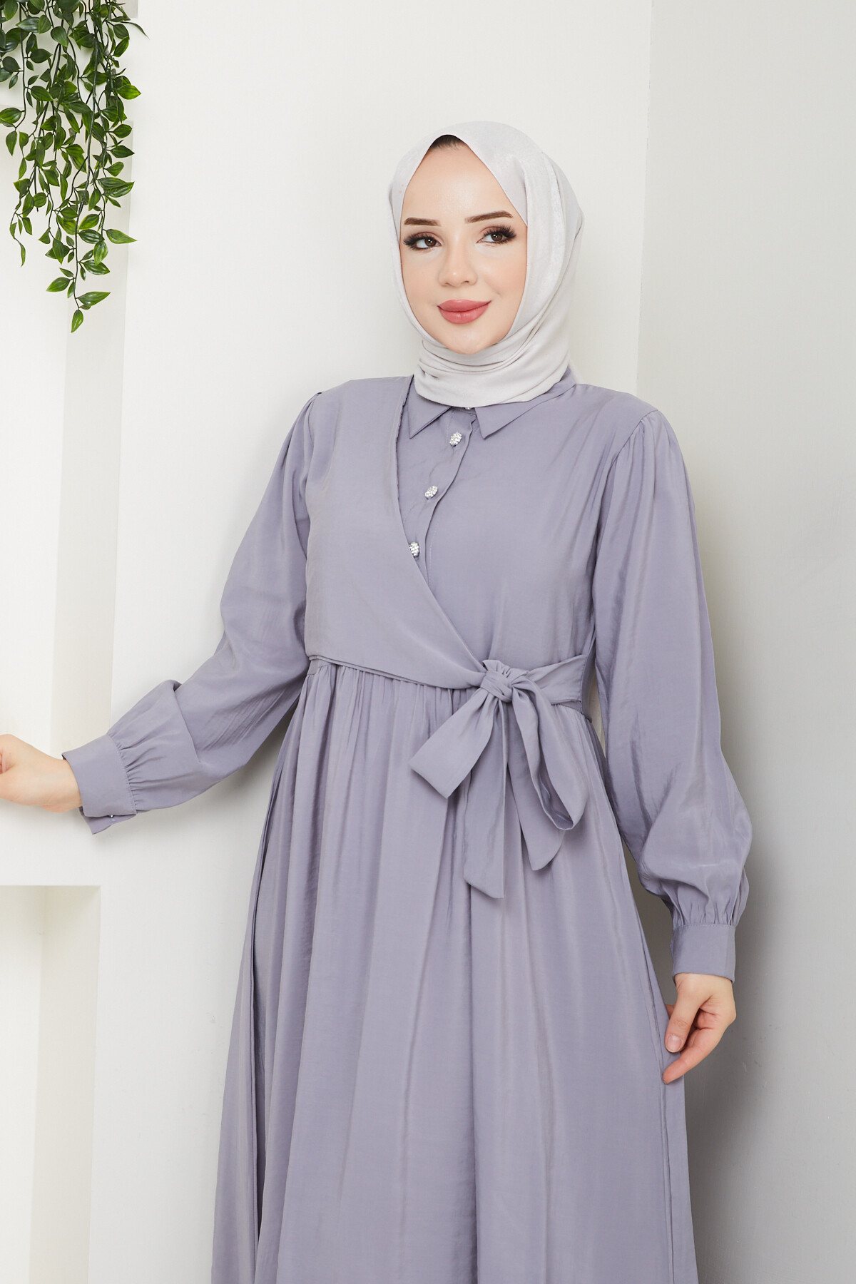 BOLEROLU ELMAS DÜĞMELİ ELBİSE-GRİ