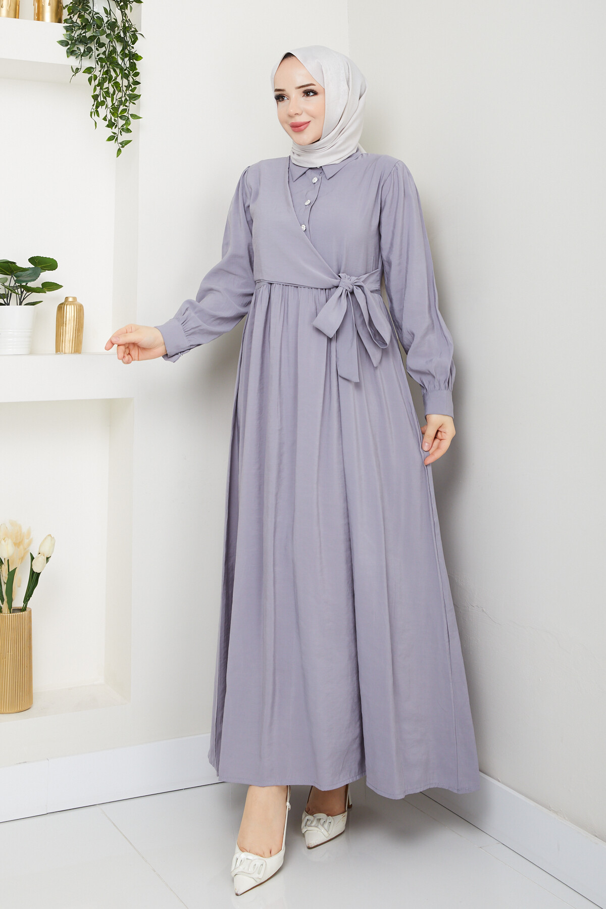 BOLEROLU ELMAS DÜĞMELİ ELBİSE-GRİ