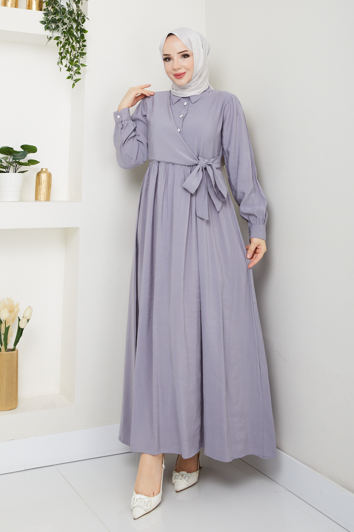 BOLEROLU ELMAS DÜĞMELİ ELBİSE-GRİ