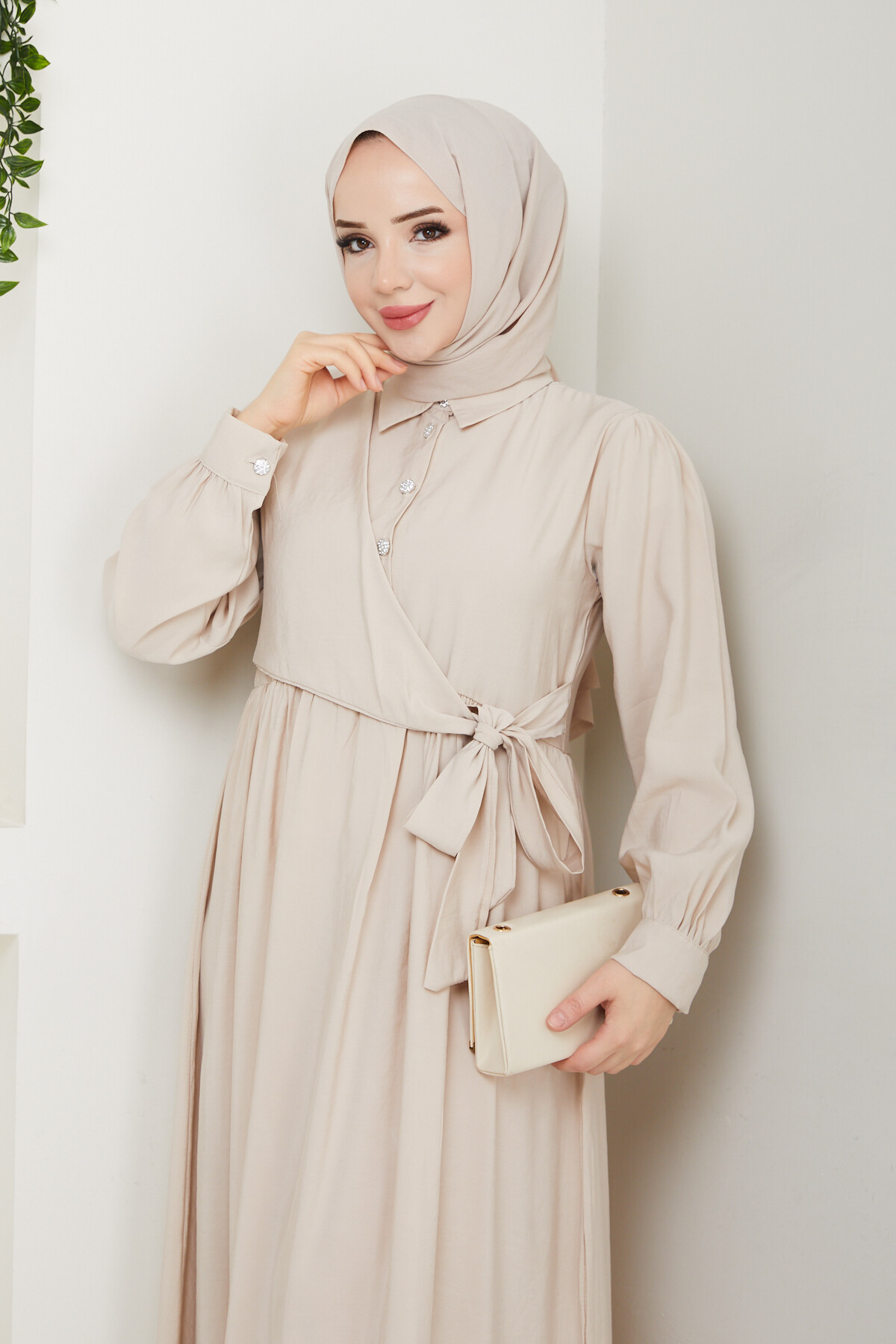 BOLEROLU ELMAS DÜĞMELİ ELBİSE-KREM