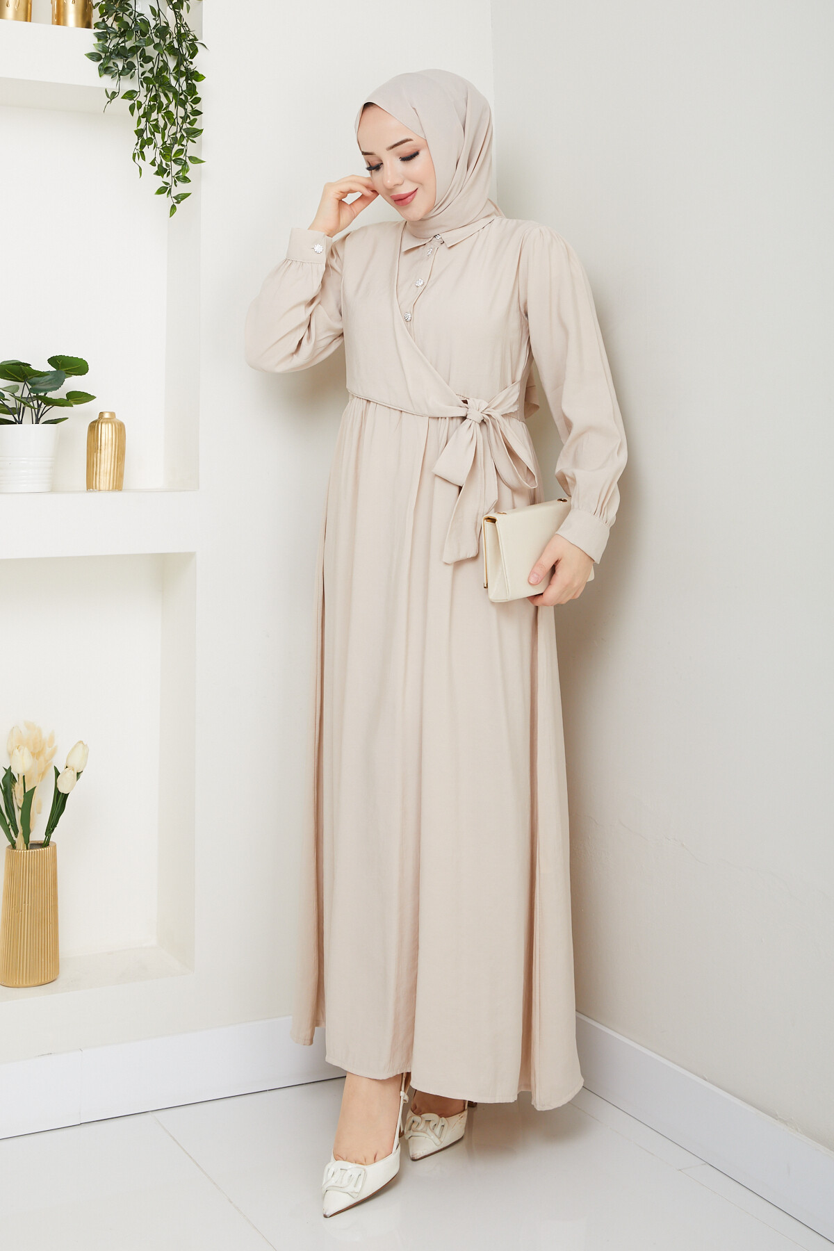 BOLEROLU ELMAS DÜĞMELİ ELBİSE-KREM