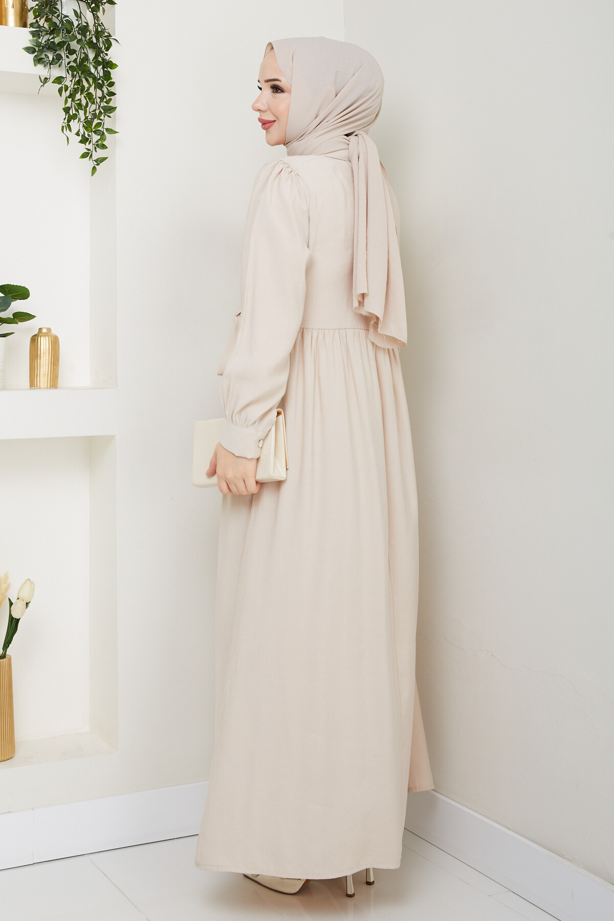 BOLEROLU ELMAS DÜĞMELİ ELBİSE-KREM