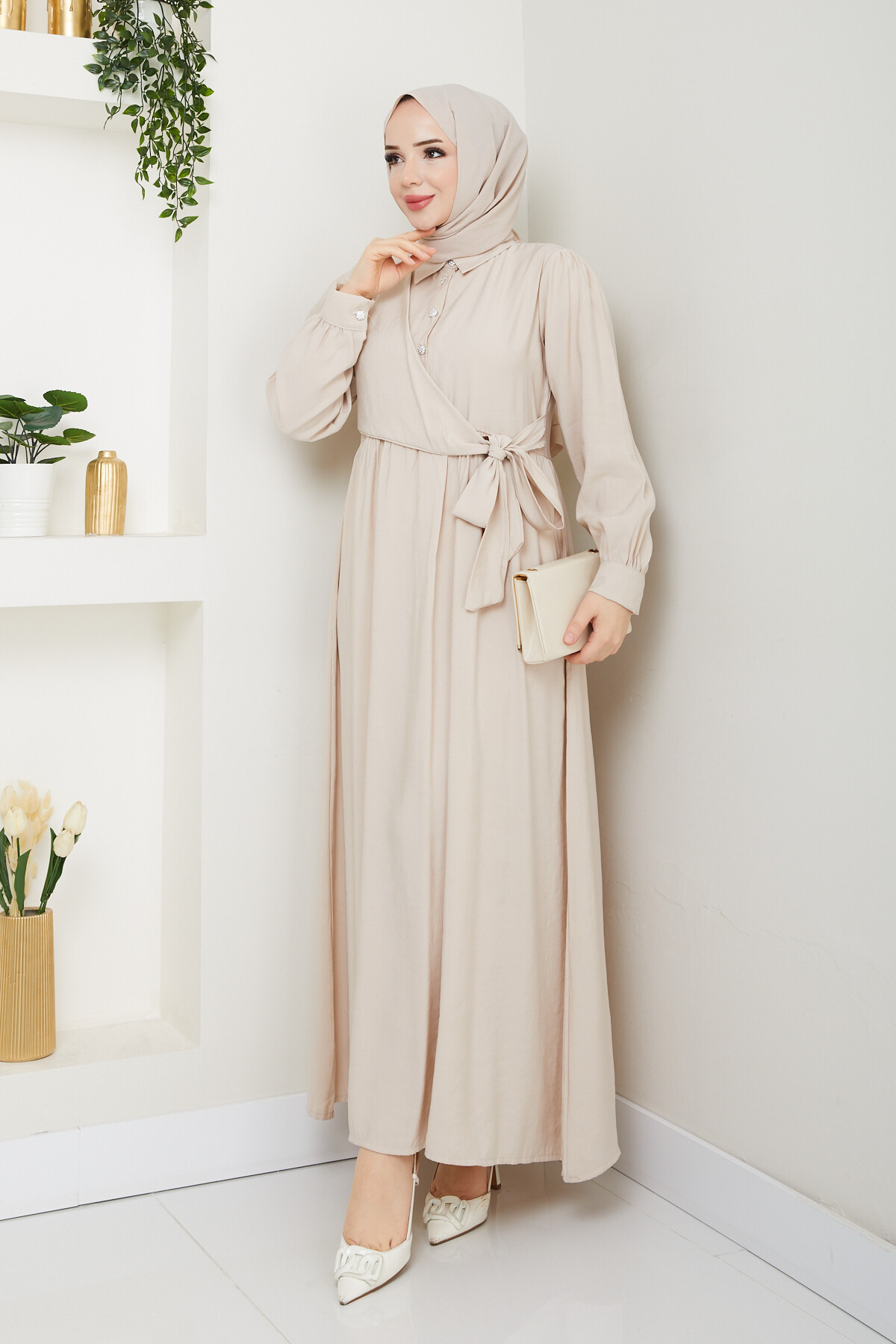 BOLEROLU ELMAS DÜĞMELİ ELBİSE-KREM