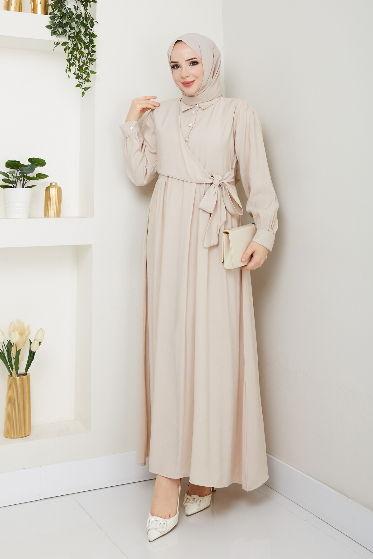 BOLEROLU ELMAS DÜĞMELİ ELBİSE-KREM