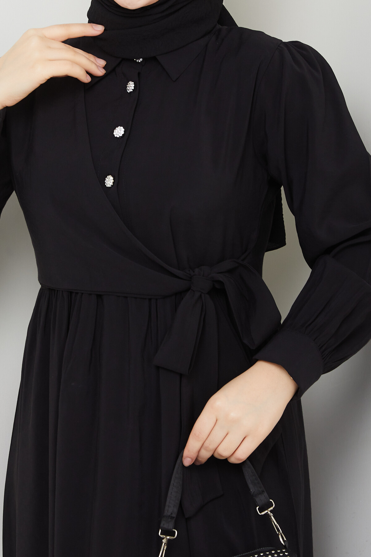 BOLEROLU ELMAS DÜĞMELİ ELBİSE-SİYAH