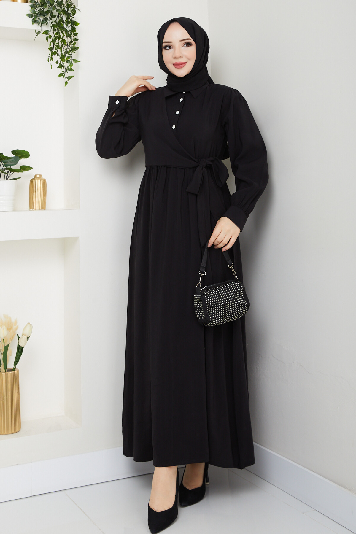 BOLEROLU ELMAS DÜĞMELİ ELBİSE-SİYAH