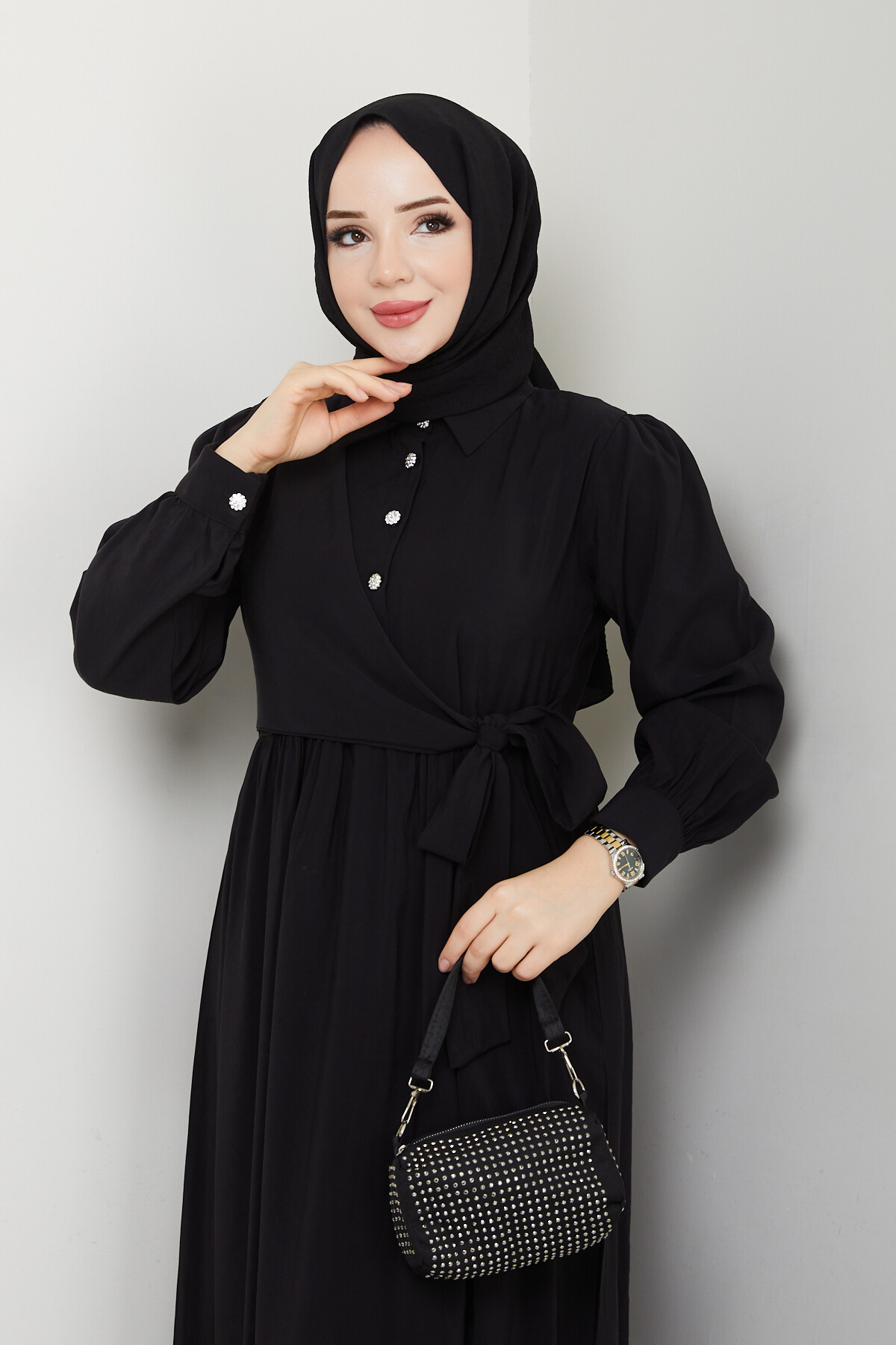 BOLEROLU ELMAS DÜĞMELİ ELBİSE-SİYAH