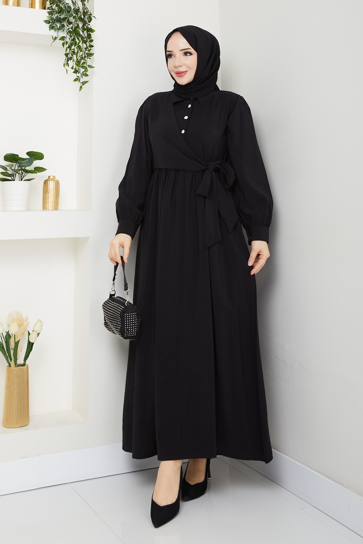 BOLEROLU ELMAS DÜĞMELİ ELBİSE-SİYAH