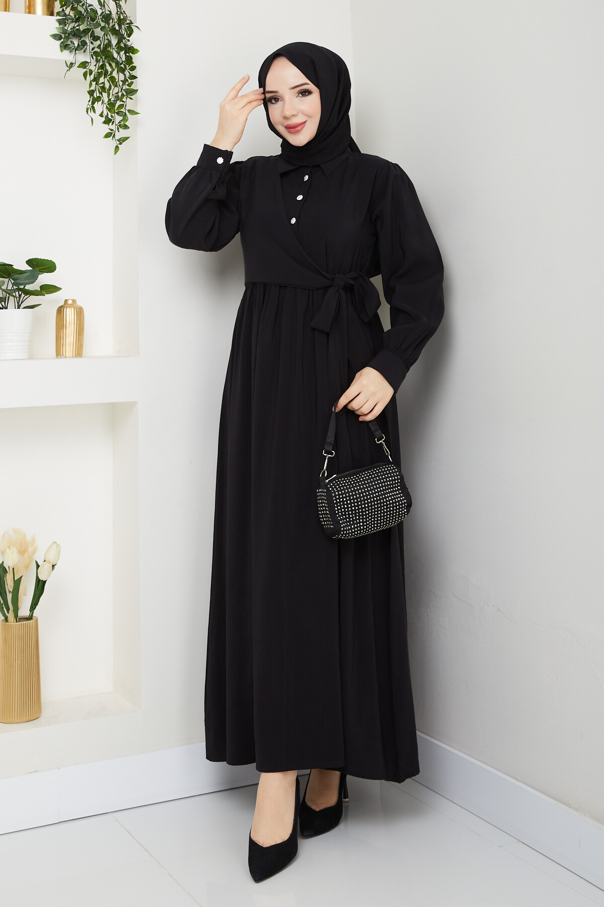 BOLEROLU ELMAS DÜĞMELİ ELBİSE-SİYAH