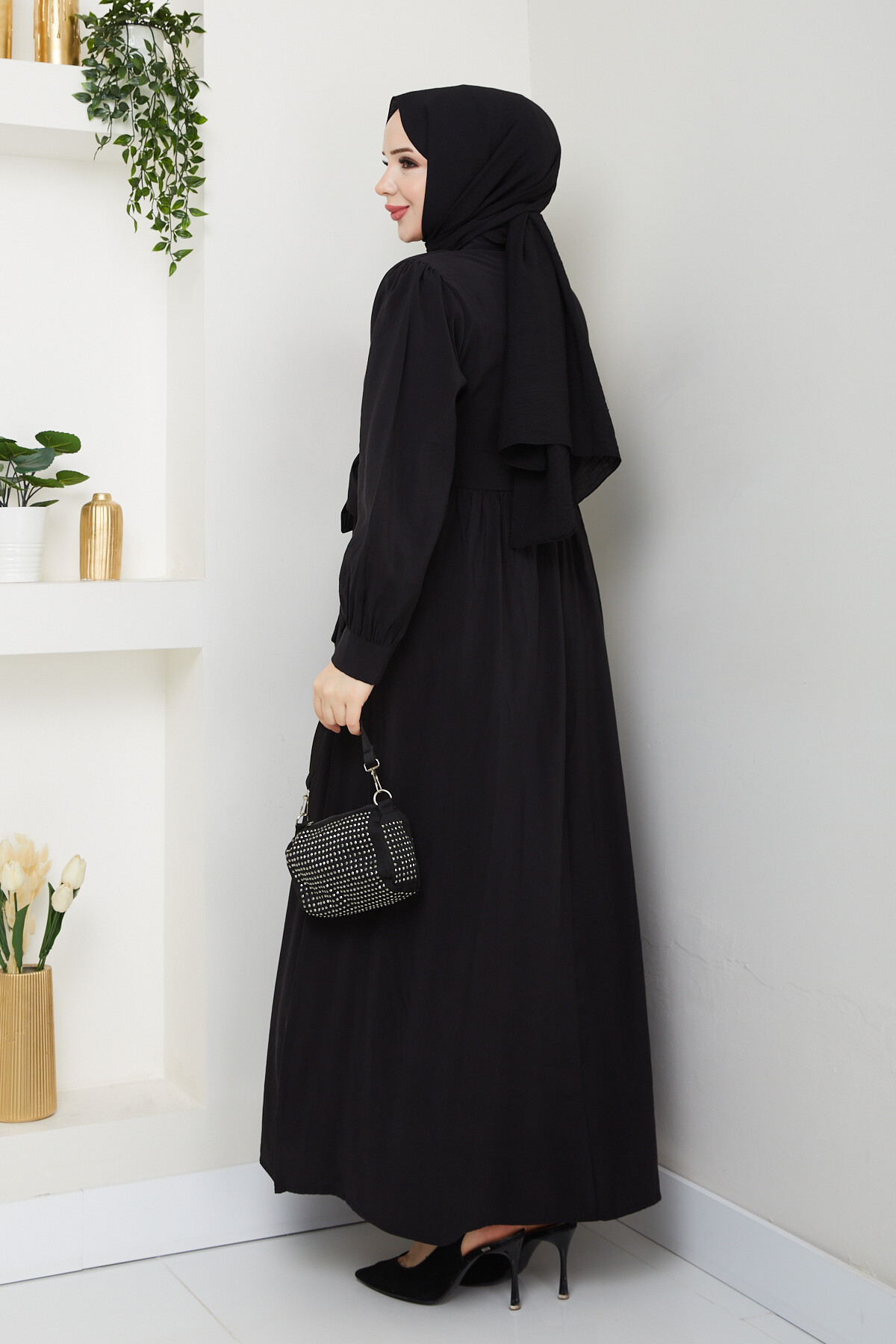 BOLEROLU ELMAS DÜĞMELİ ELBİSE-SİYAH