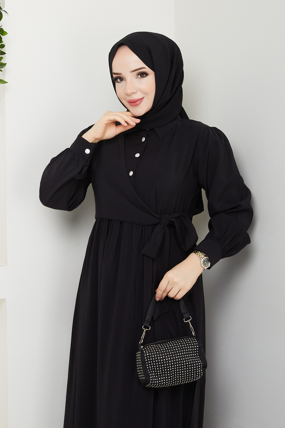 BOLEROLU ELMAS DÜĞMELİ ELBİSE-SİYAH