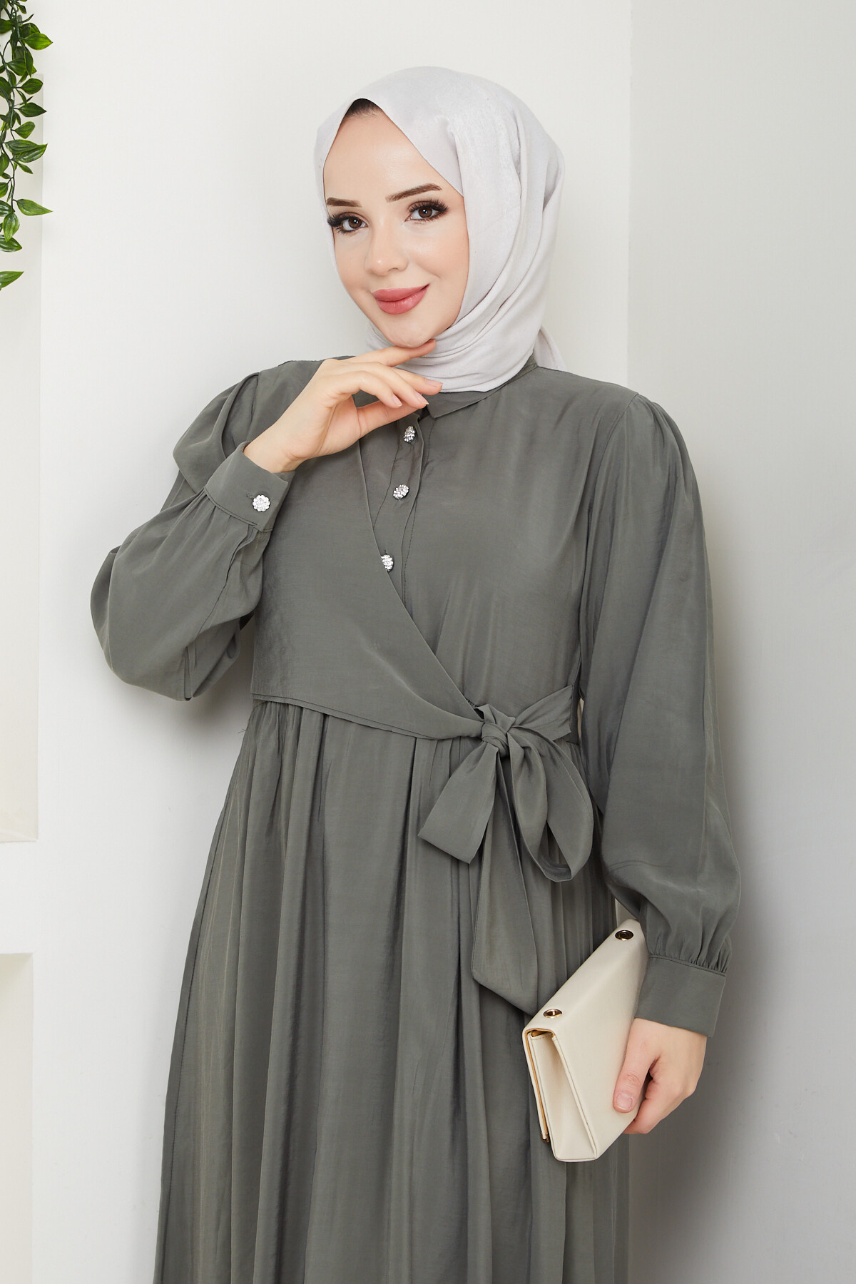 BOLEROLU ELMAS DÜĞMELİ ELBİSE-YEŞİL