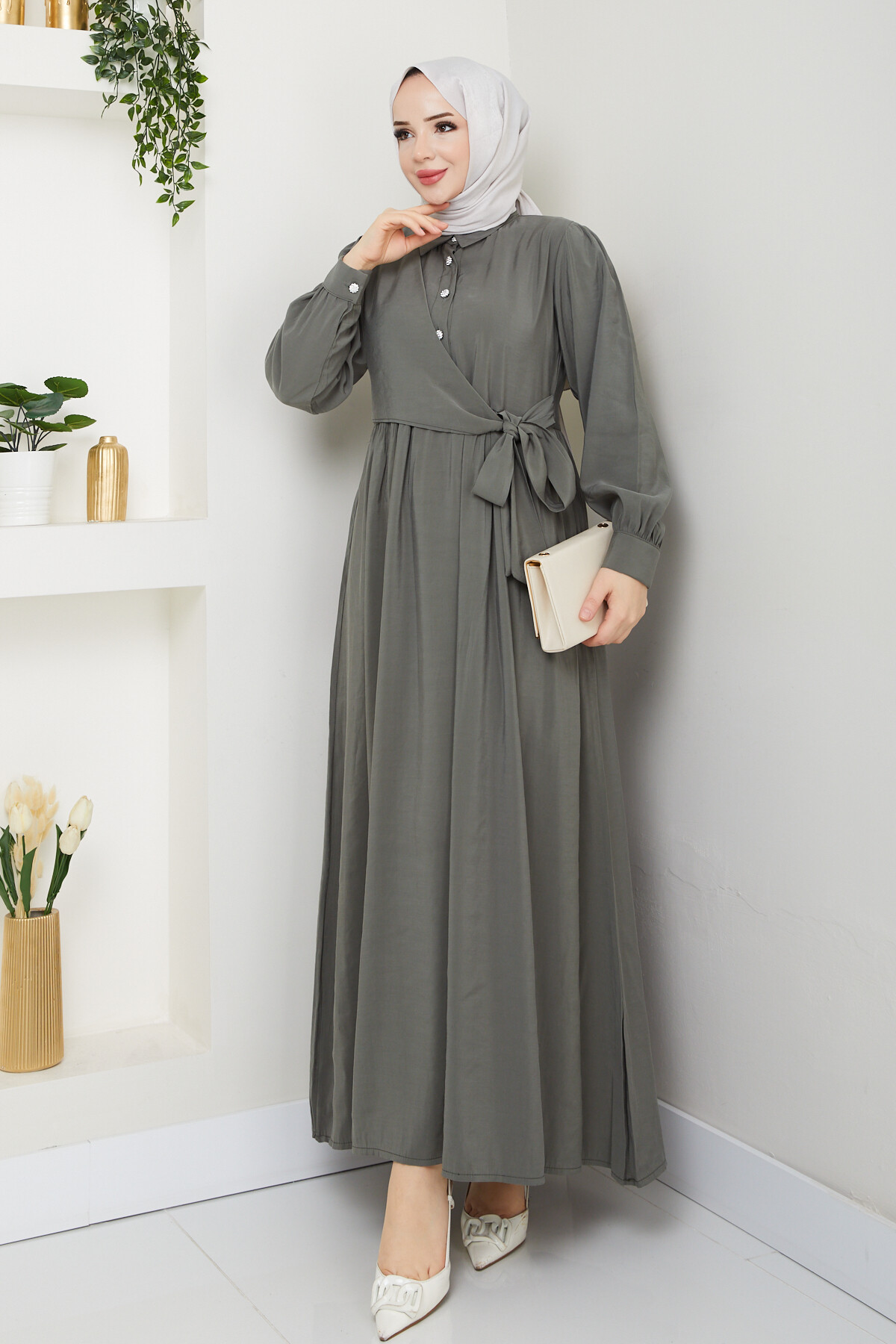 BOLEROLU ELMAS DÜĞMELİ ELBİSE-YEŞİL