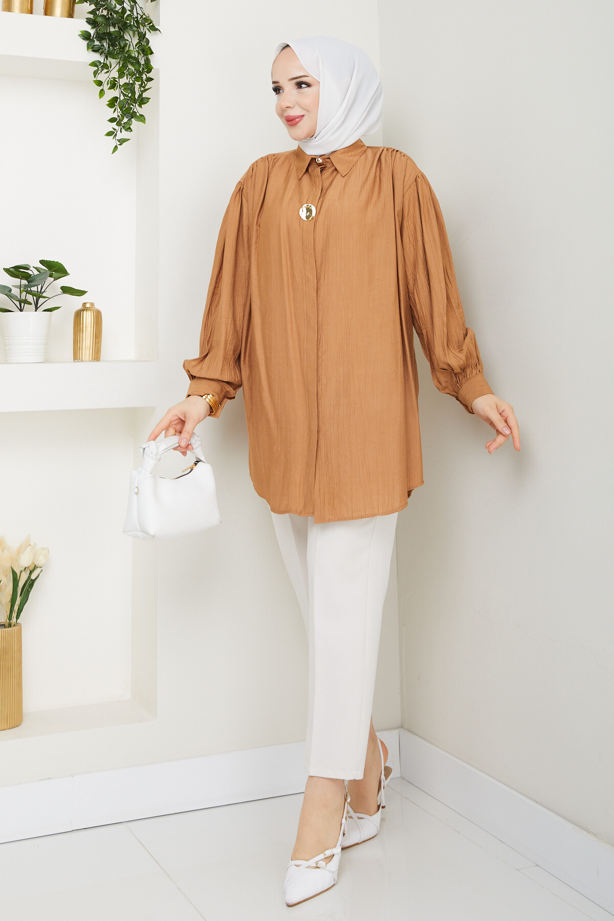 BROŞ DÜĞME DETAY GÖMLEK-KİREMİT