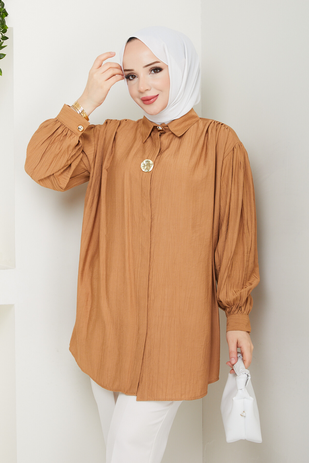 BROŞ DÜĞME DETAY GÖMLEK-KİREMİT