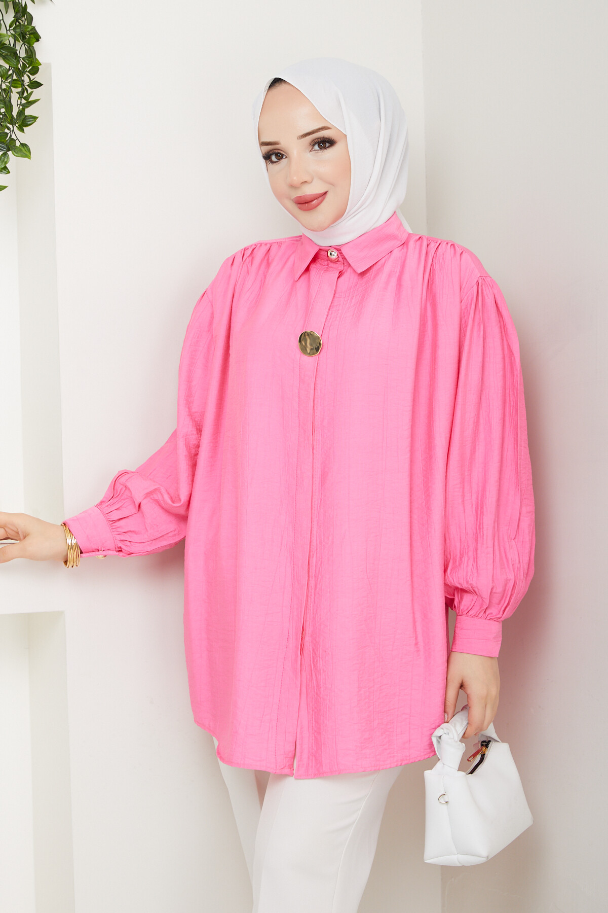 BROŞ DÜĞME DETAY GÖMLEK-PEMBE