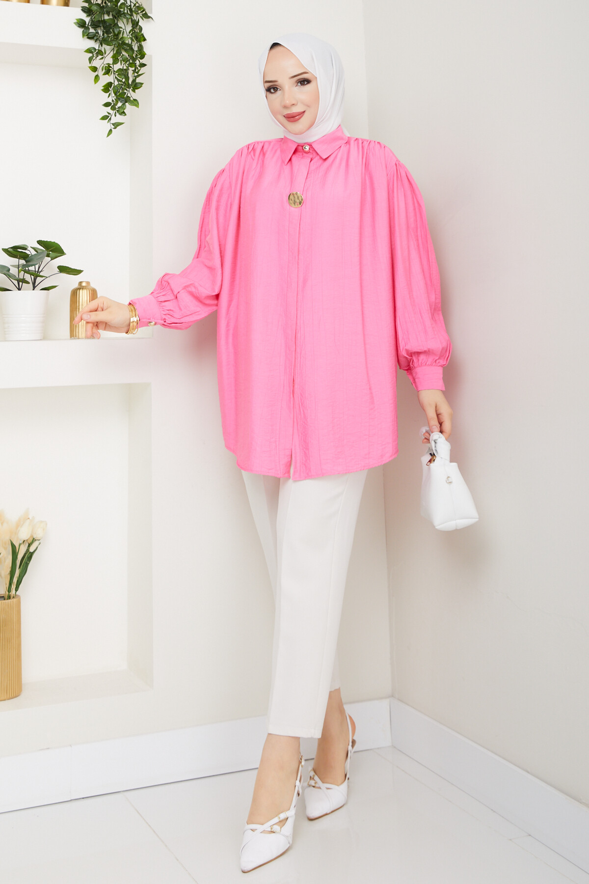 BROŞ DÜĞME DETAY GÖMLEK-PEMBE