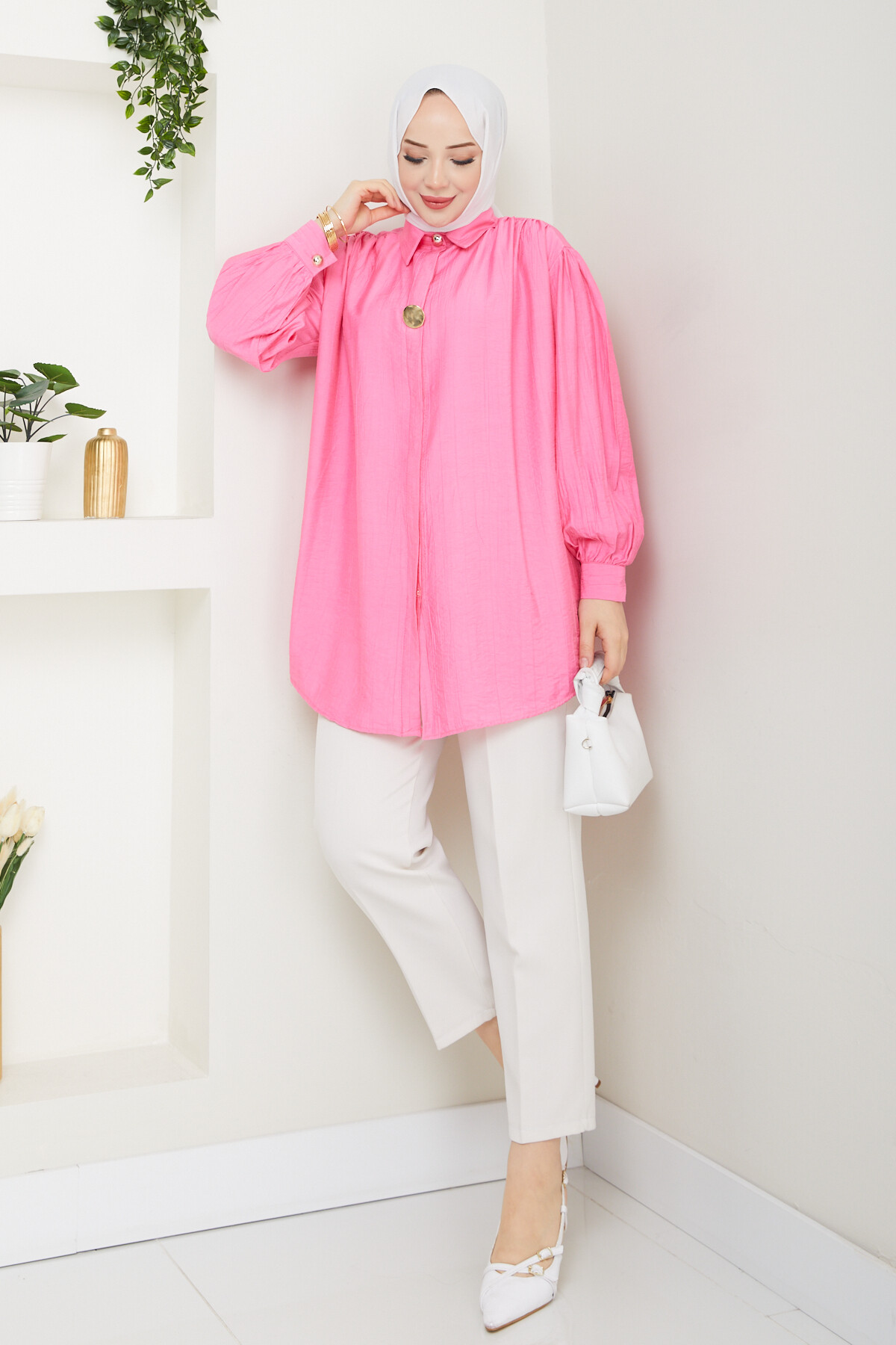 BROŞ DÜĞME DETAY GÖMLEK-PEMBE