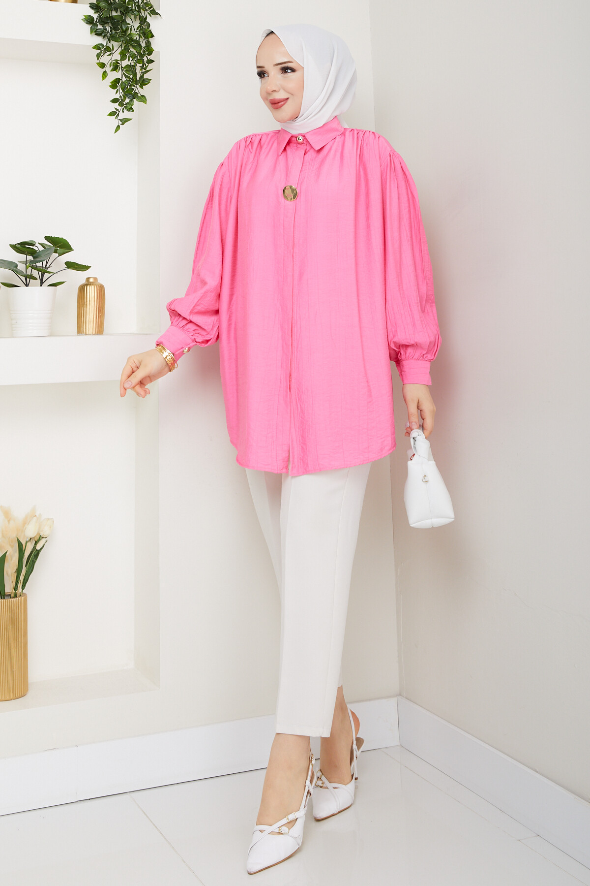 BROŞ DÜĞME DETAY GÖMLEK-PEMBE