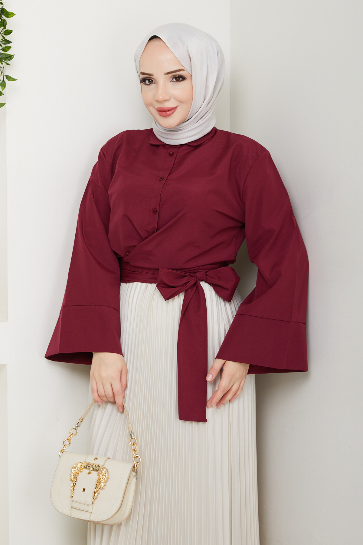 ÇAPRAZ BAĞLAMALI CROP ETEK KOMBİN-BORDO