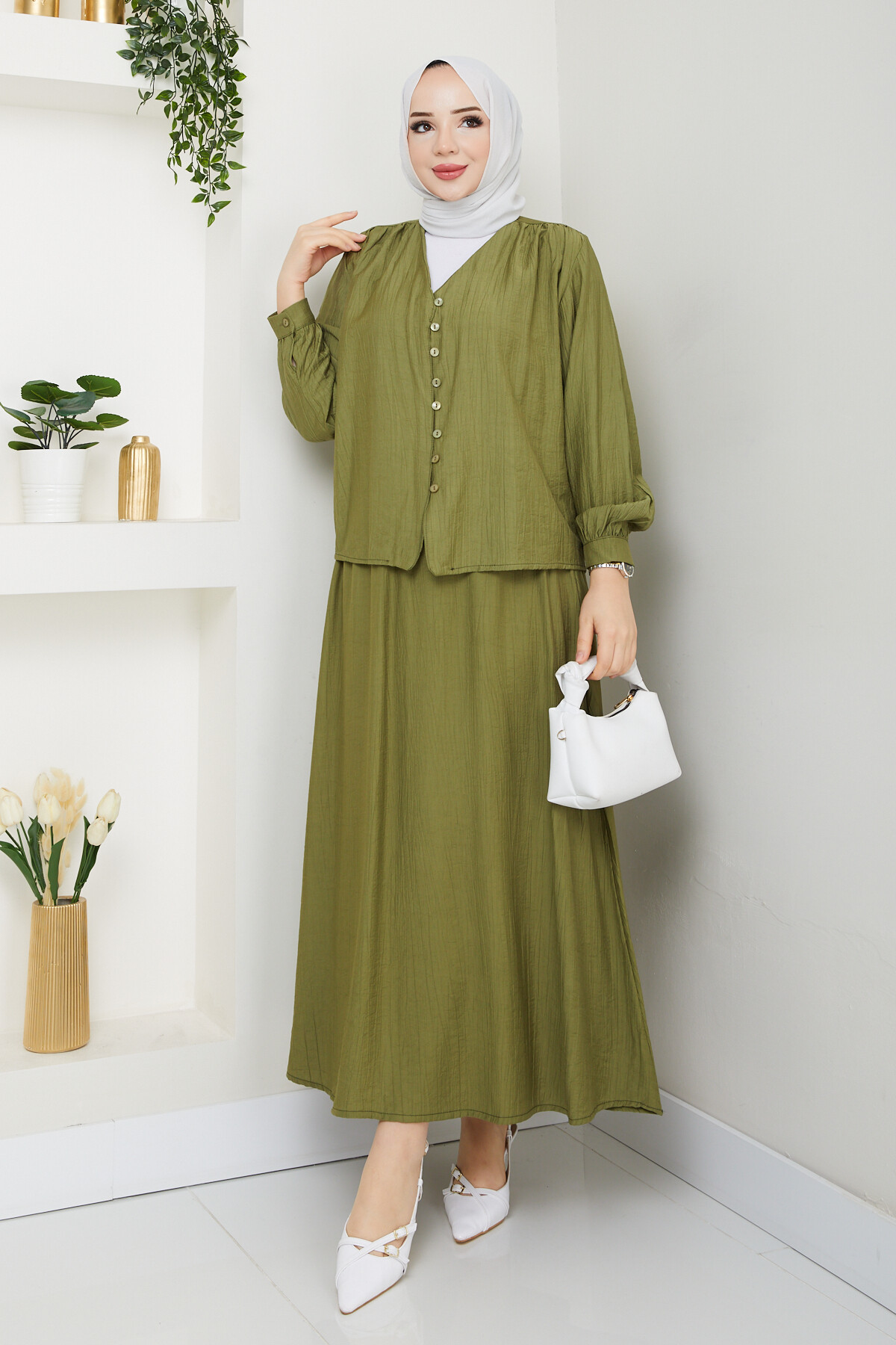 ÇİLEK DÜĞMELİ ETEKLİ TAKIM-YEŞİL