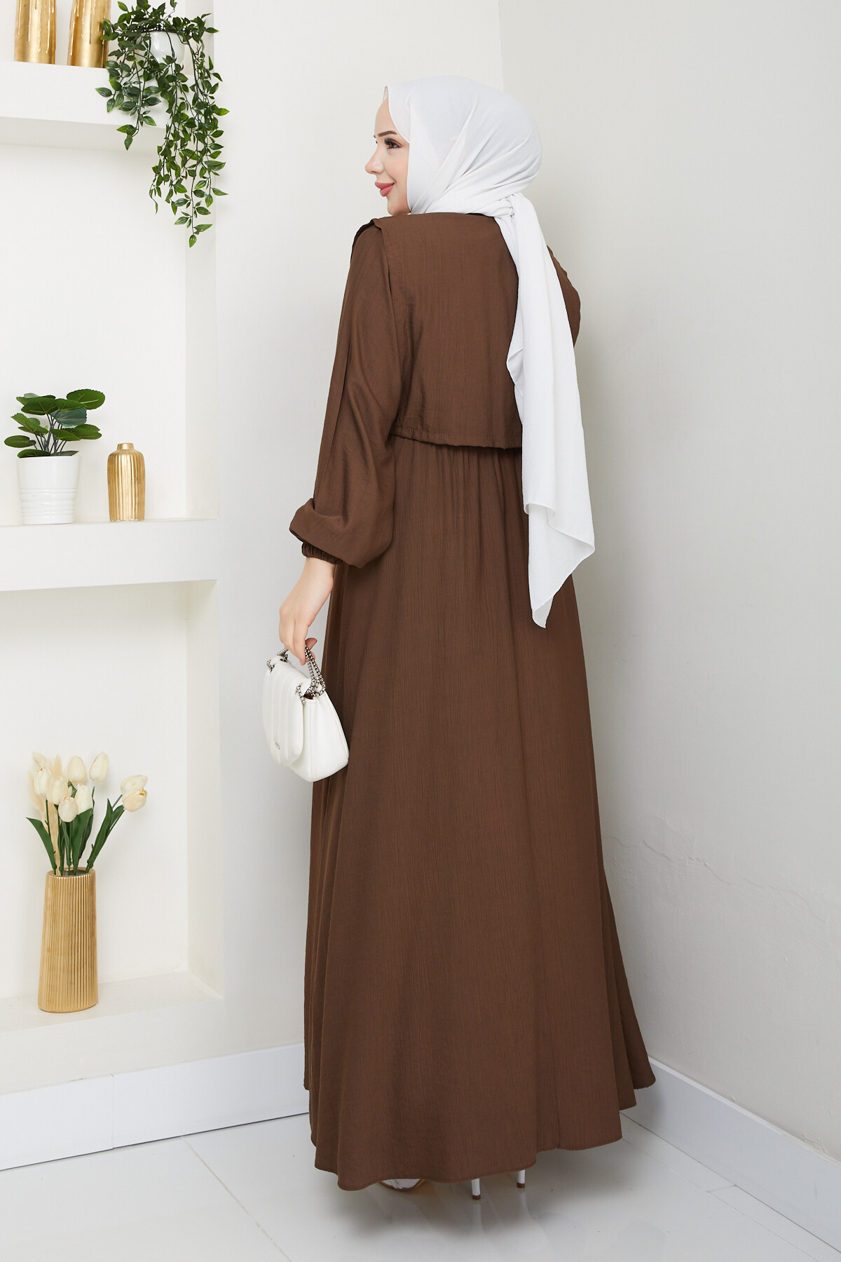 CROP BAĞLAMALI ELBİSE -ACI KAHVE