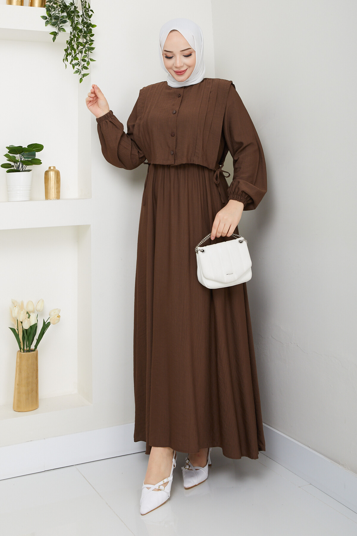 CROP BAĞLAMALI ELBİSE -ACI KAHVE