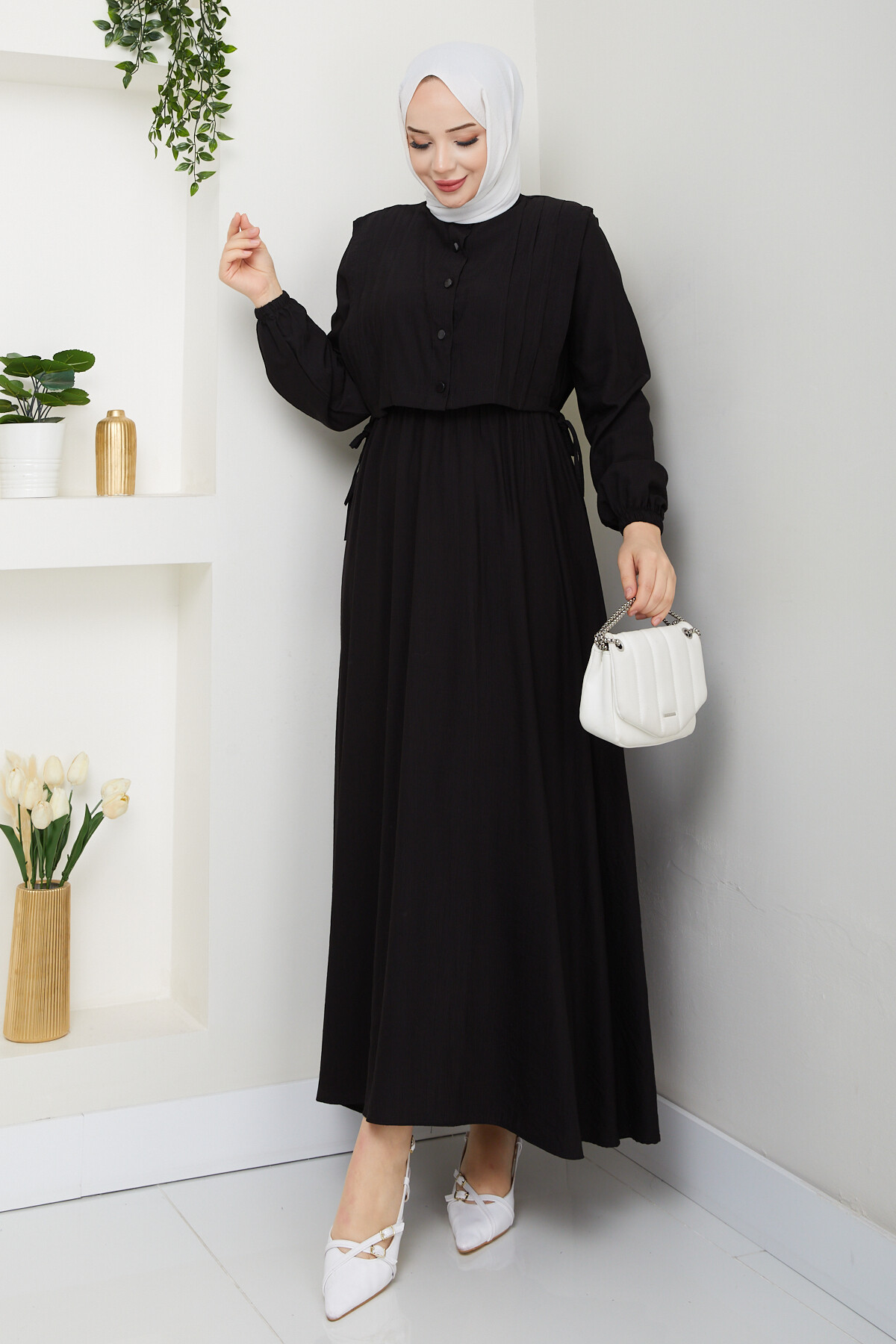 CROP BAĞLAMALI ELBİSE -SİYAH