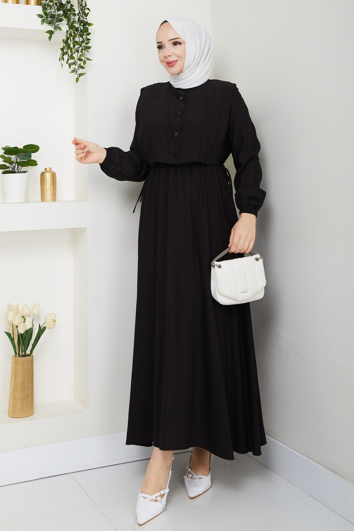 CROP BAĞLAMALI ELBİSE -SİYAH