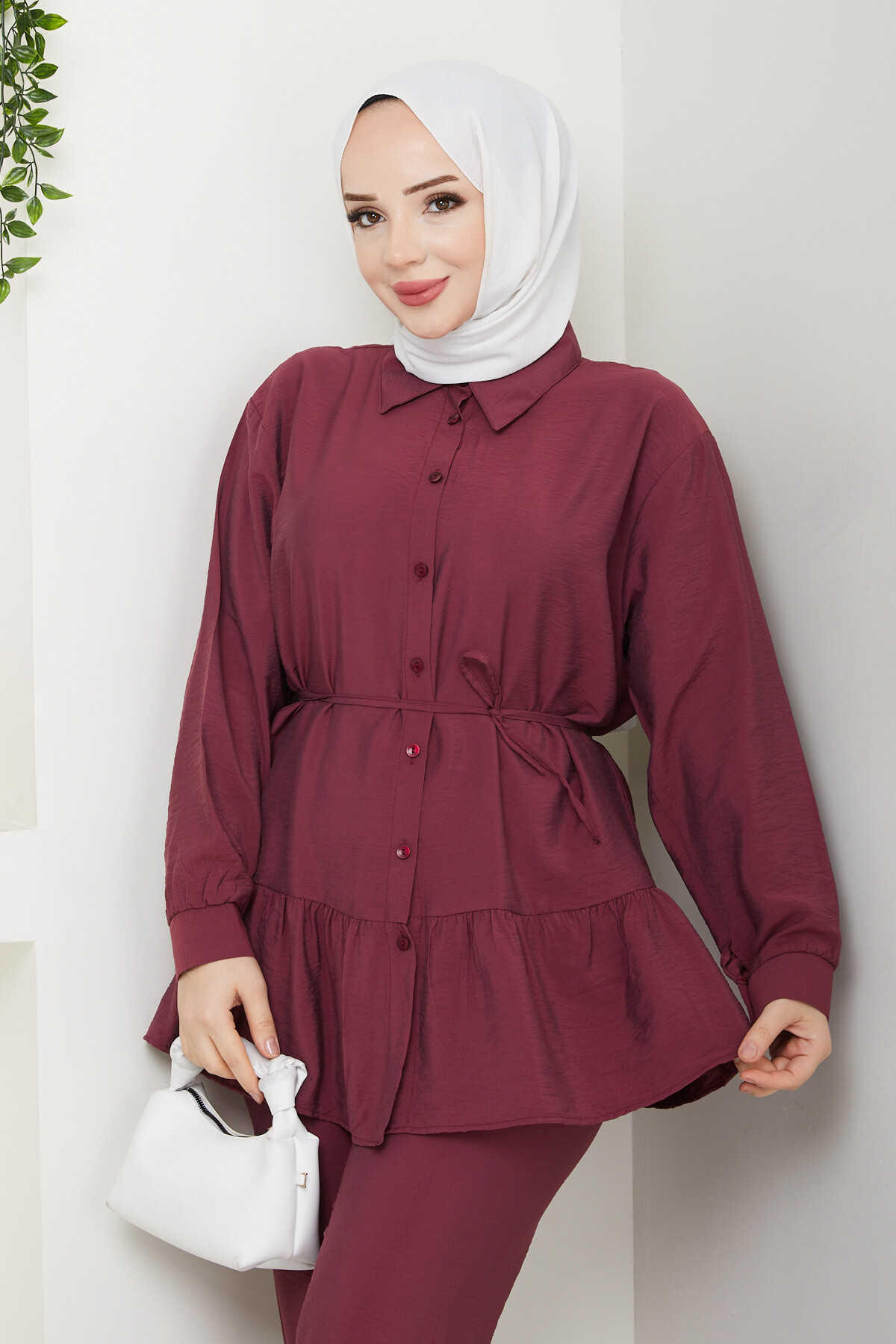 ETEK BÜZGÜ DETAY PANTOLONLU TAKIM - BORDO