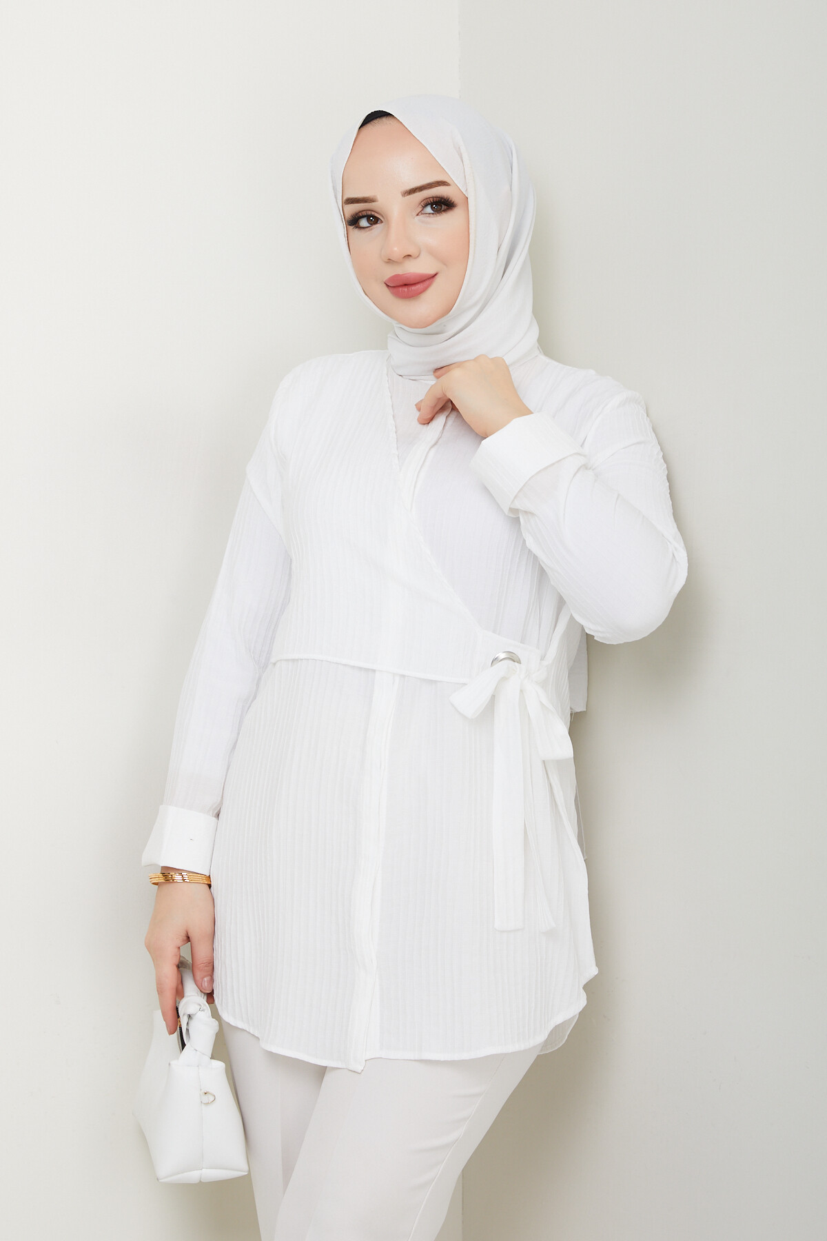 FİTİLLİ KUŞ GÖZÜ GÖMLEK -BEYAZ