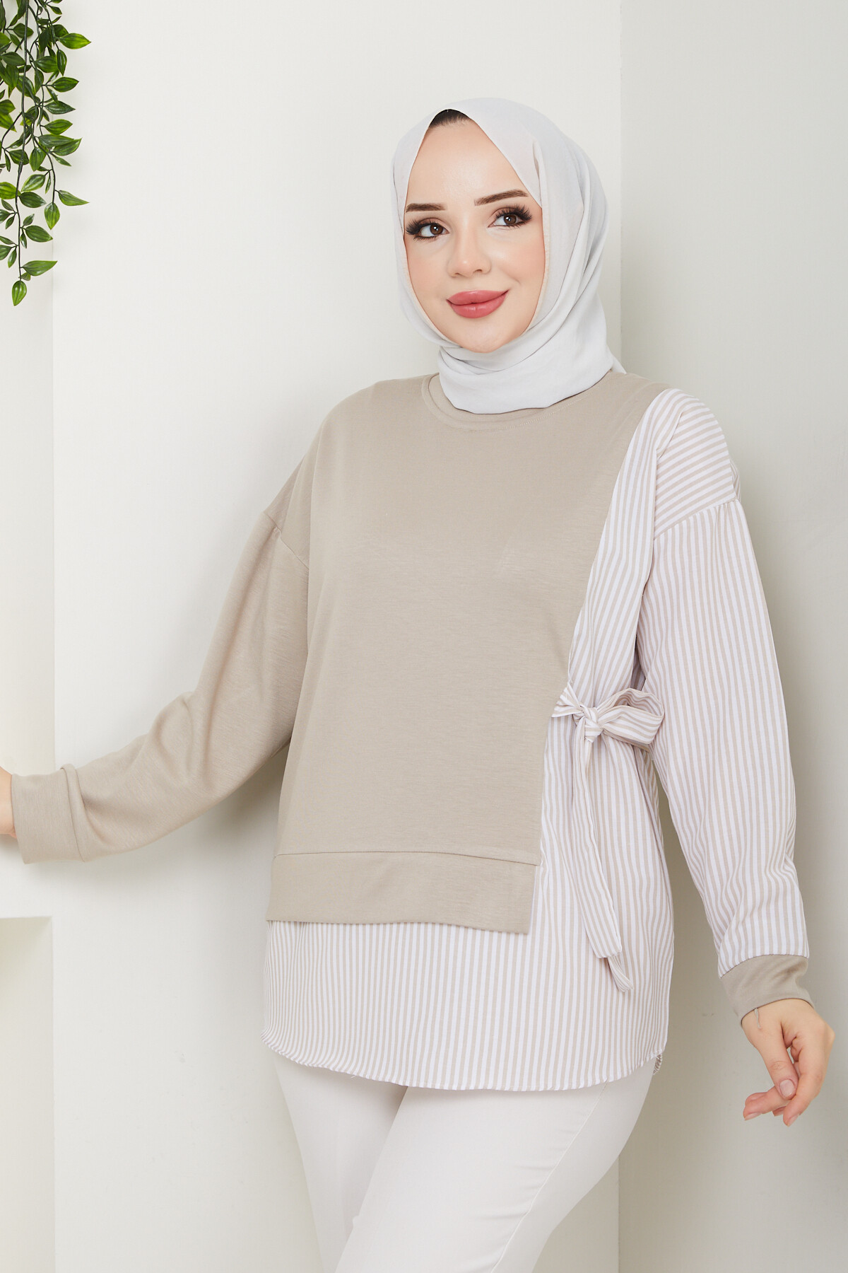 GARNİLİ BAĞLAMALI TUNİK-KREM