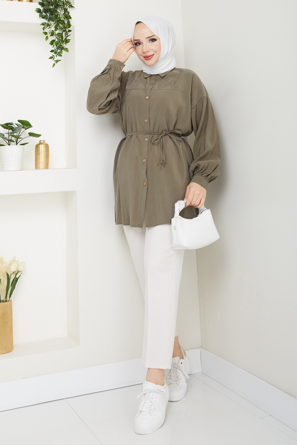 İP BAĞLAMALI MODAL GÖMLEK-HAKİ