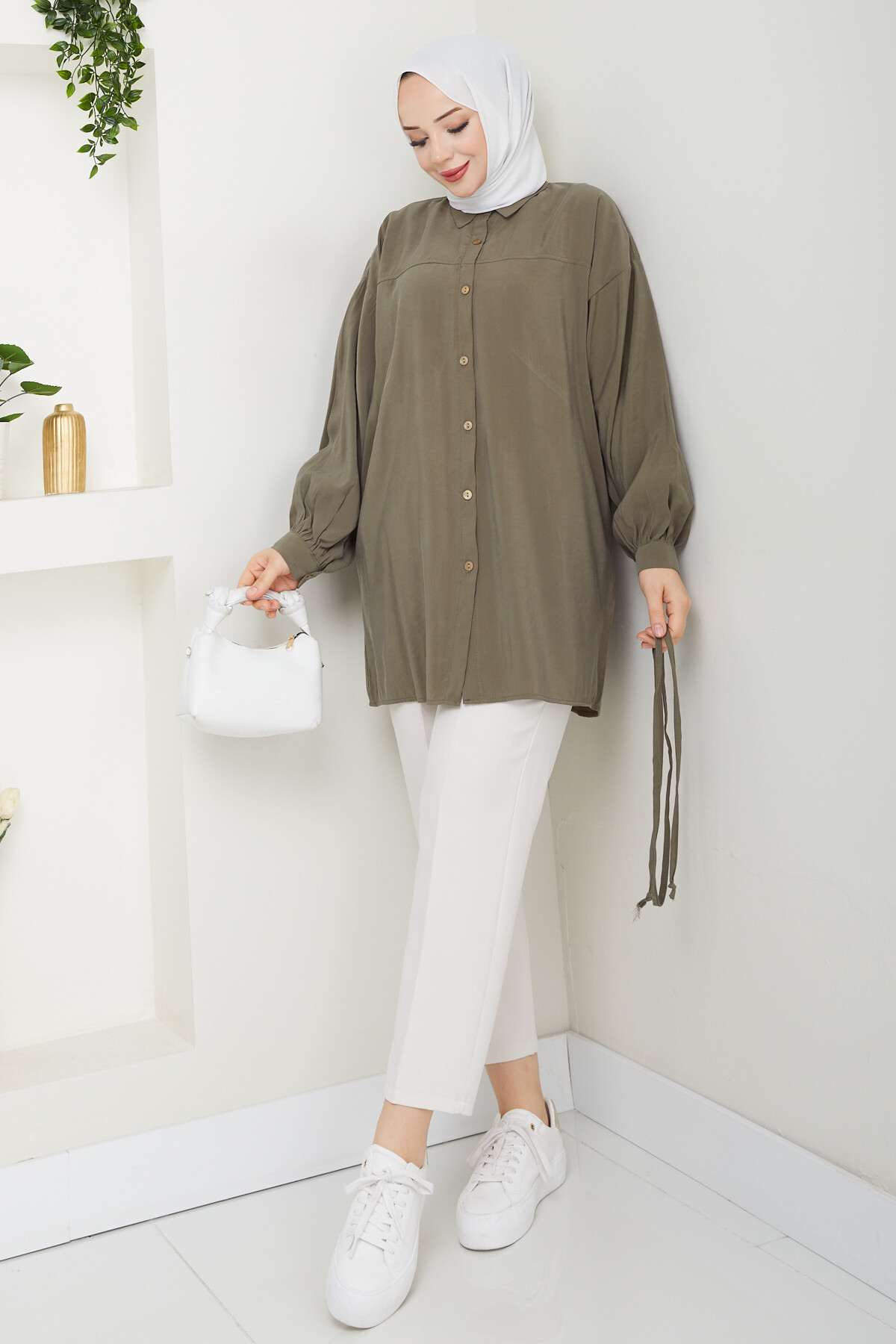 İP BAĞLAMALI MODAL GÖMLEK-HAKİ