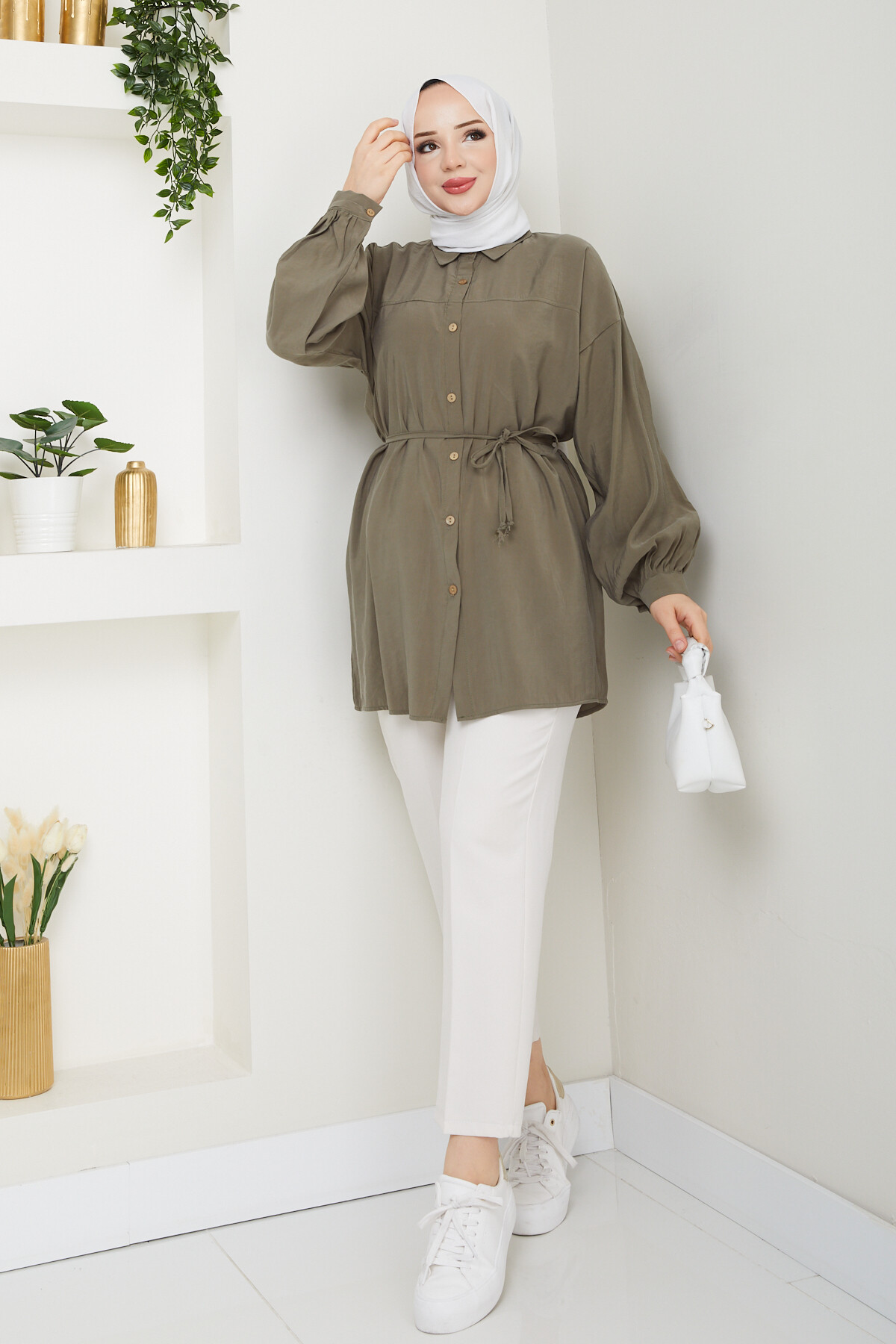 İP BAĞLAMALI MODAL GÖMLEK-HAKİ