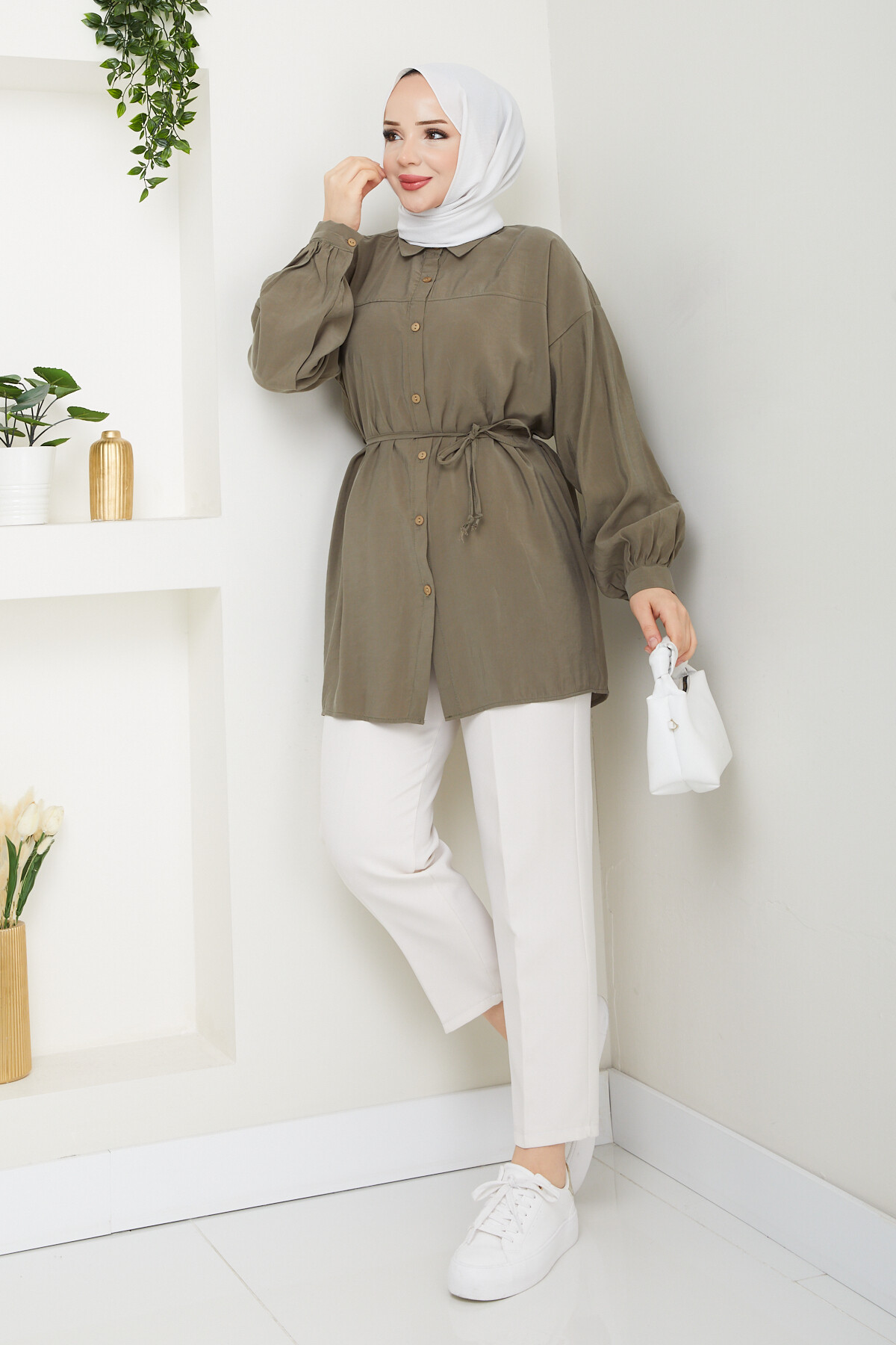 İP BAĞLAMALI MODAL GÖMLEK-HAKİ