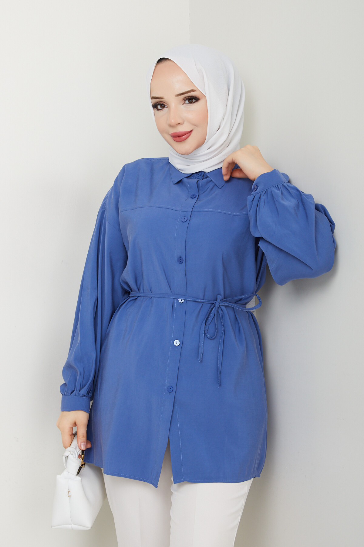 İP BAĞLAMALI MODAL GÖMLEK-İNDİGO