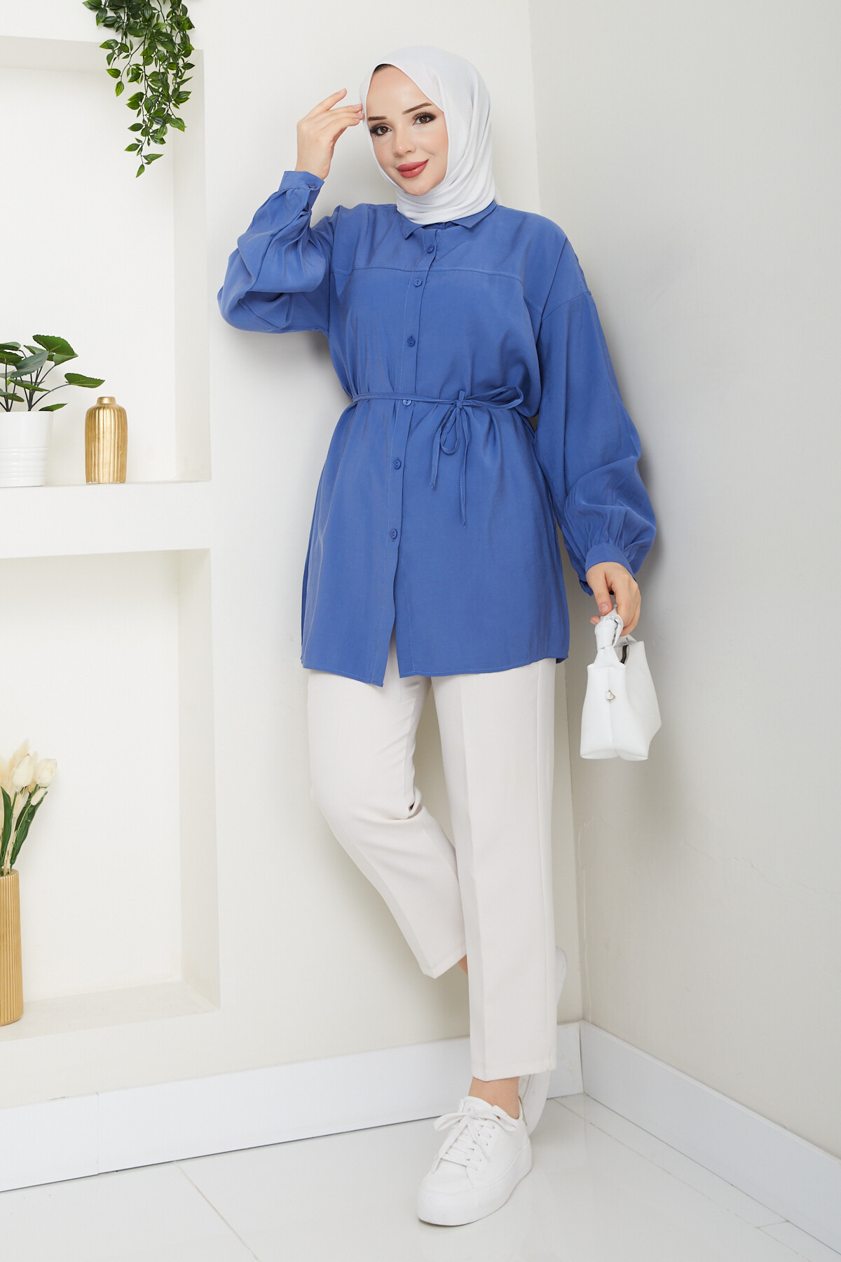 İP BAĞLAMALI MODAL GÖMLEK-İNDİGO