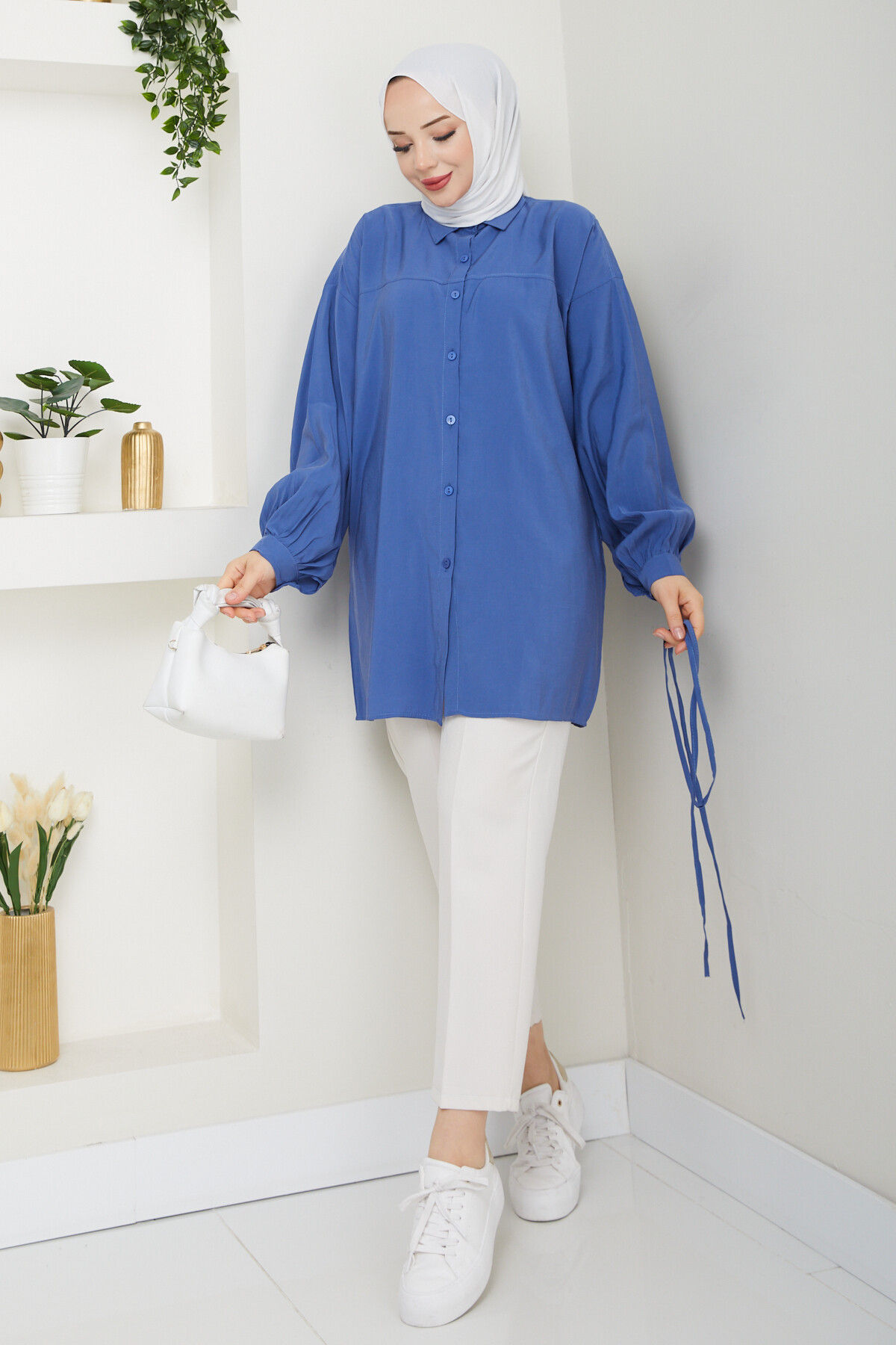 İP BAĞLAMALI MODAL GÖMLEK-İNDİGO