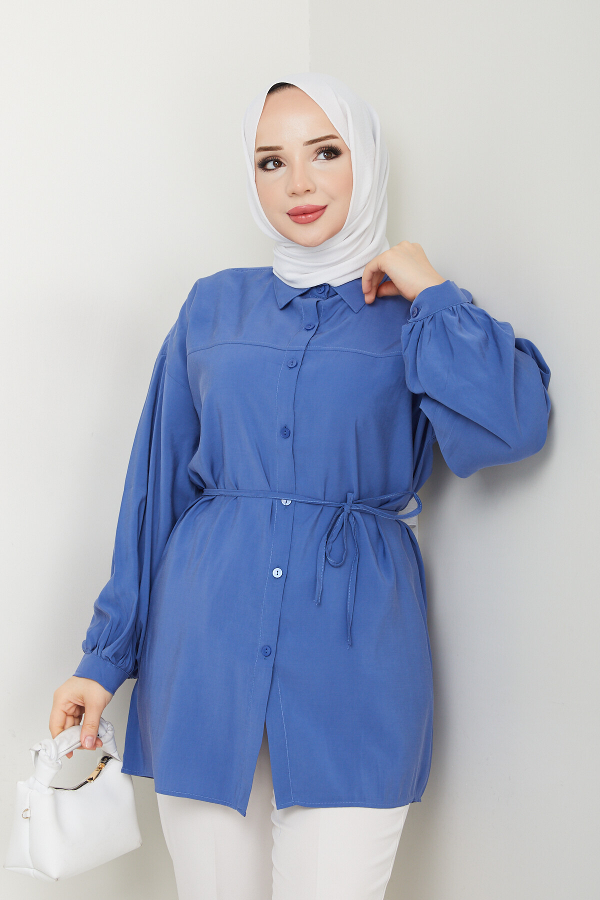 İP BAĞLAMALI MODAL GÖMLEK-İNDİGO