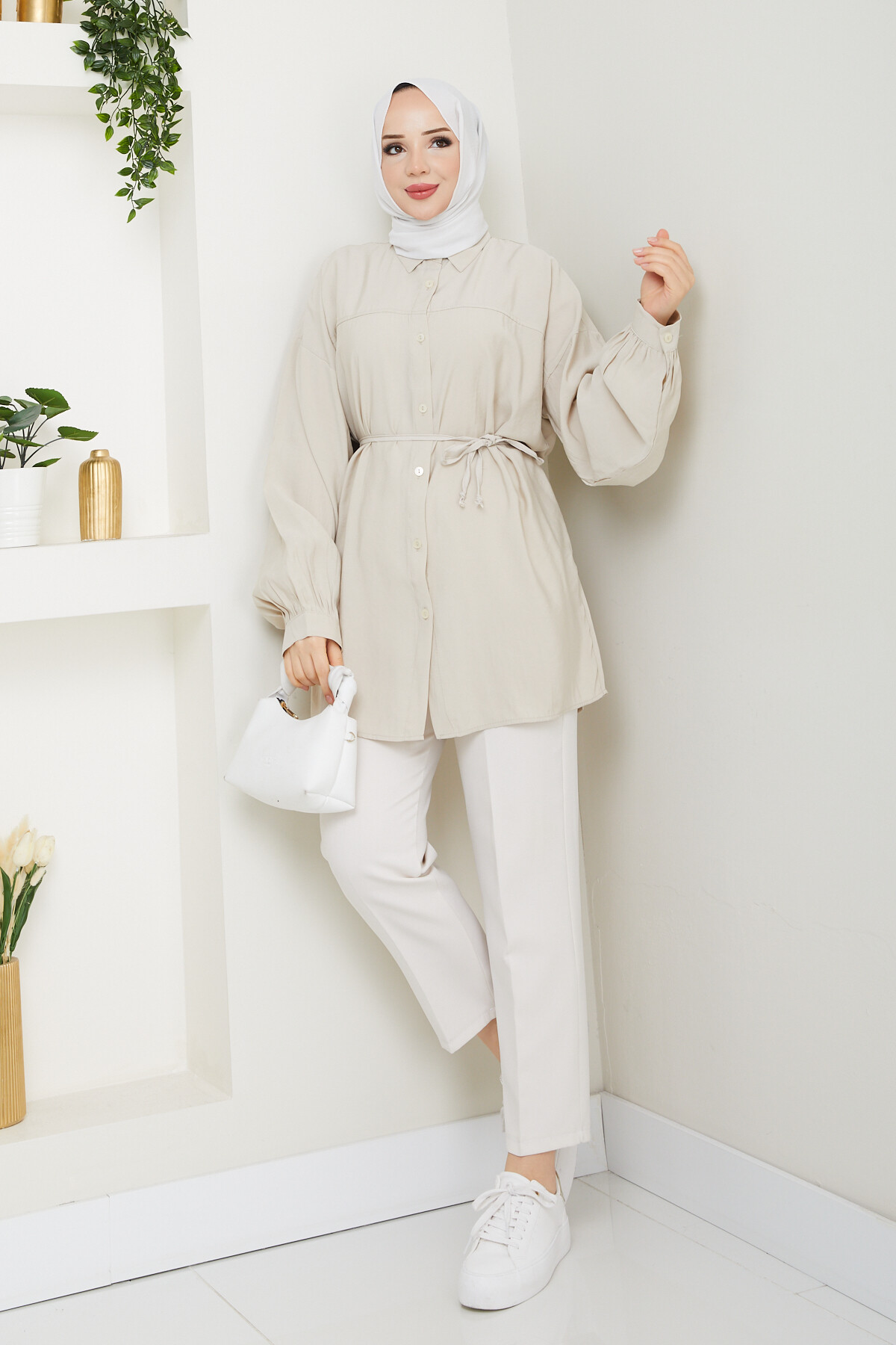 İP BAĞLAMALI MODAL GÖMLEK-TAŞ