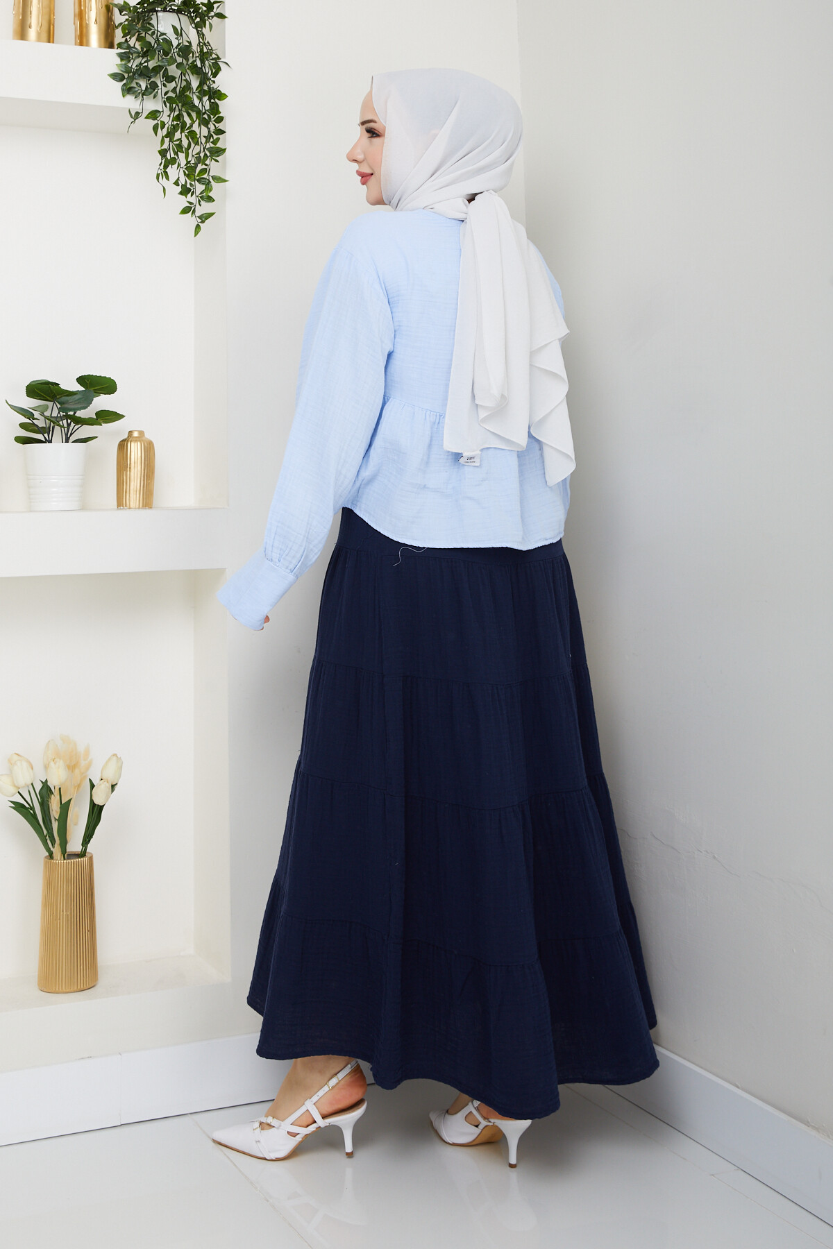 İP DETAY BLUZ ETEK KOMBİN-BEBE MAVİ