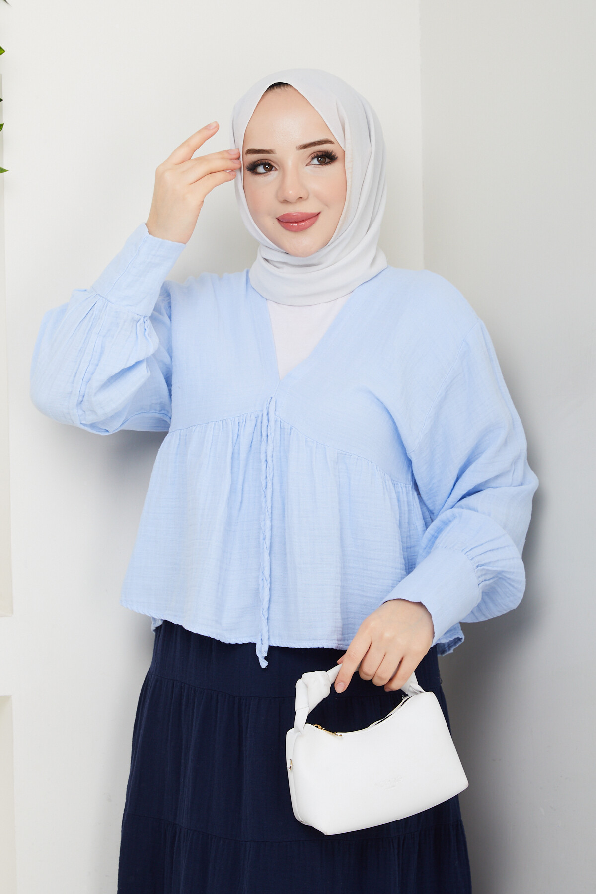 İP DETAY BLUZ ETEK KOMBİN-BEBE MAVİ