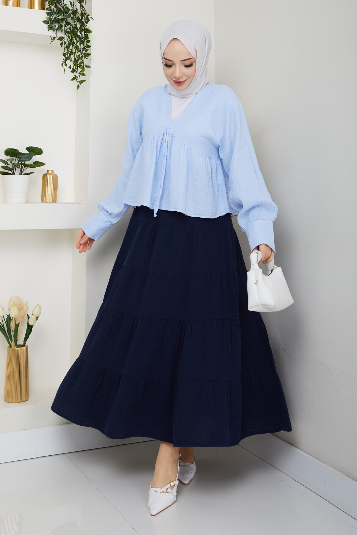 İP DETAY BLUZ ETEK KOMBİN-BEBE MAVİ