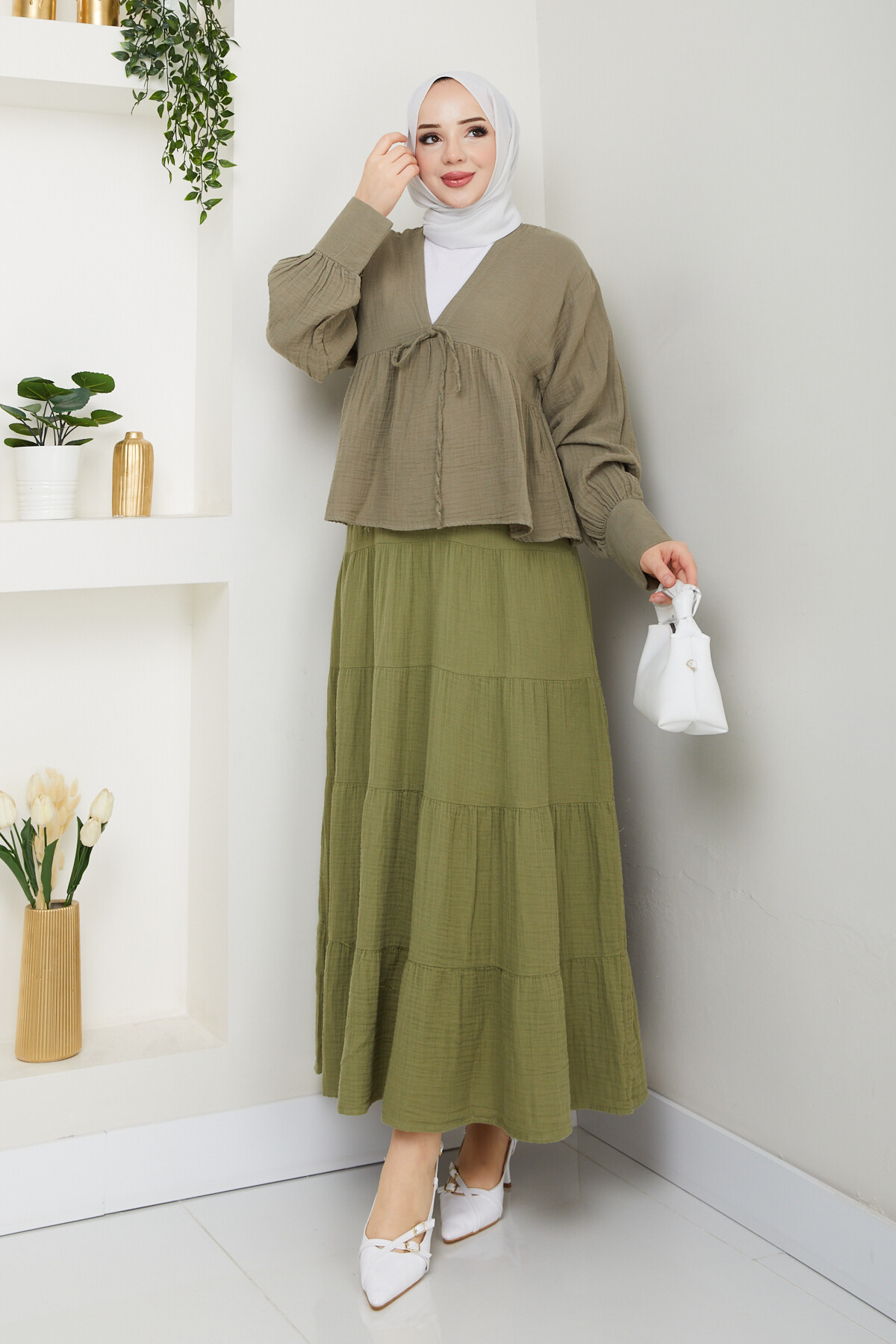 İP DETAY BLUZ ETEK KOMBİN-HAKİ